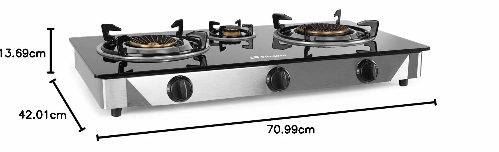 Orbegozo FO 3520 Hornillo A Gas 3 Fuegos, 2 Quemadores Triple Corona, Butano Propano, Encendido Piezoeléctrico, Cristal Templado, Inox