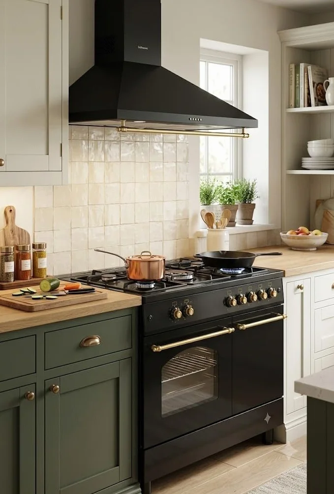 PACK COCINA A GAS F9LT50G2 PORTABOMBONA NEGRA RÚSTICA + CAMPANA DECORATIVA NEGRA RÚSTICA/ANCHO 90 CM/FUEGOS CON ENCENDIDO AUTOMATICO/HORNO 64 L.