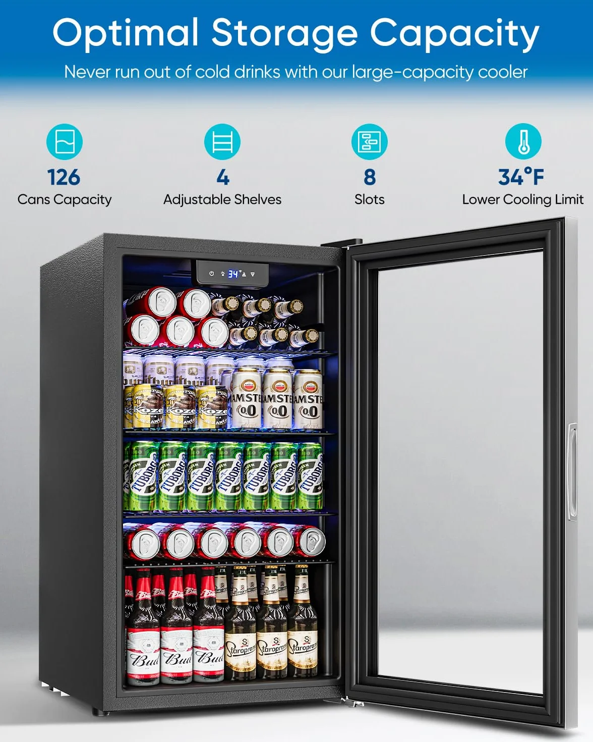 Feelfunn - Refrigerador y enfriador de bebidas, 126 latas, mini puerta de vidrio para refrescos, cerveza, vino, nevera de bebidas no empotrado para el hogar, oficina, bar, 4 estantes ajustables, 3.2