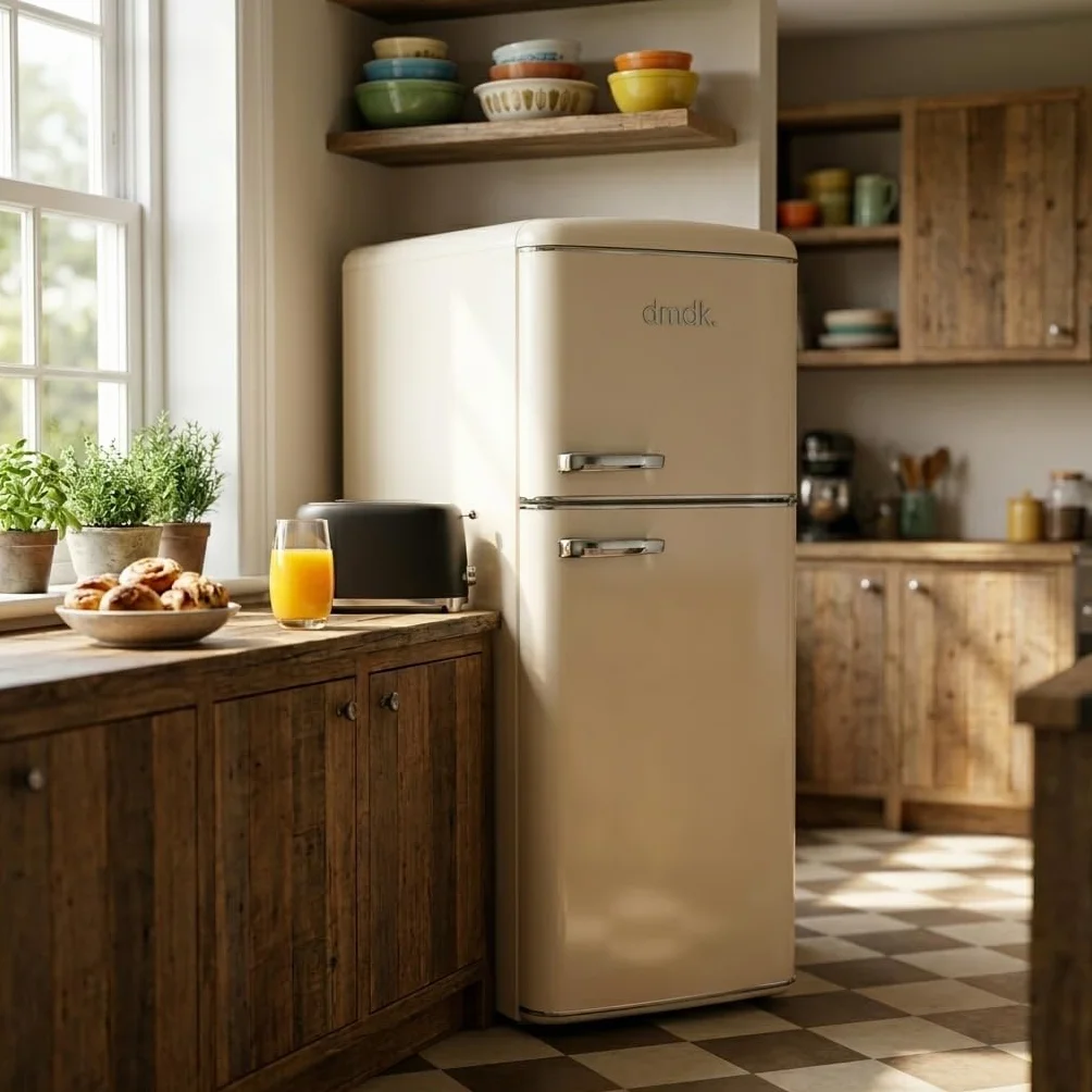 DMDK DKC2 Independiente Refrigerador/Congelador, 206 L Contenido neto, 4 estantes ajustables, bandeja grande para verduras, crema, clase energética E