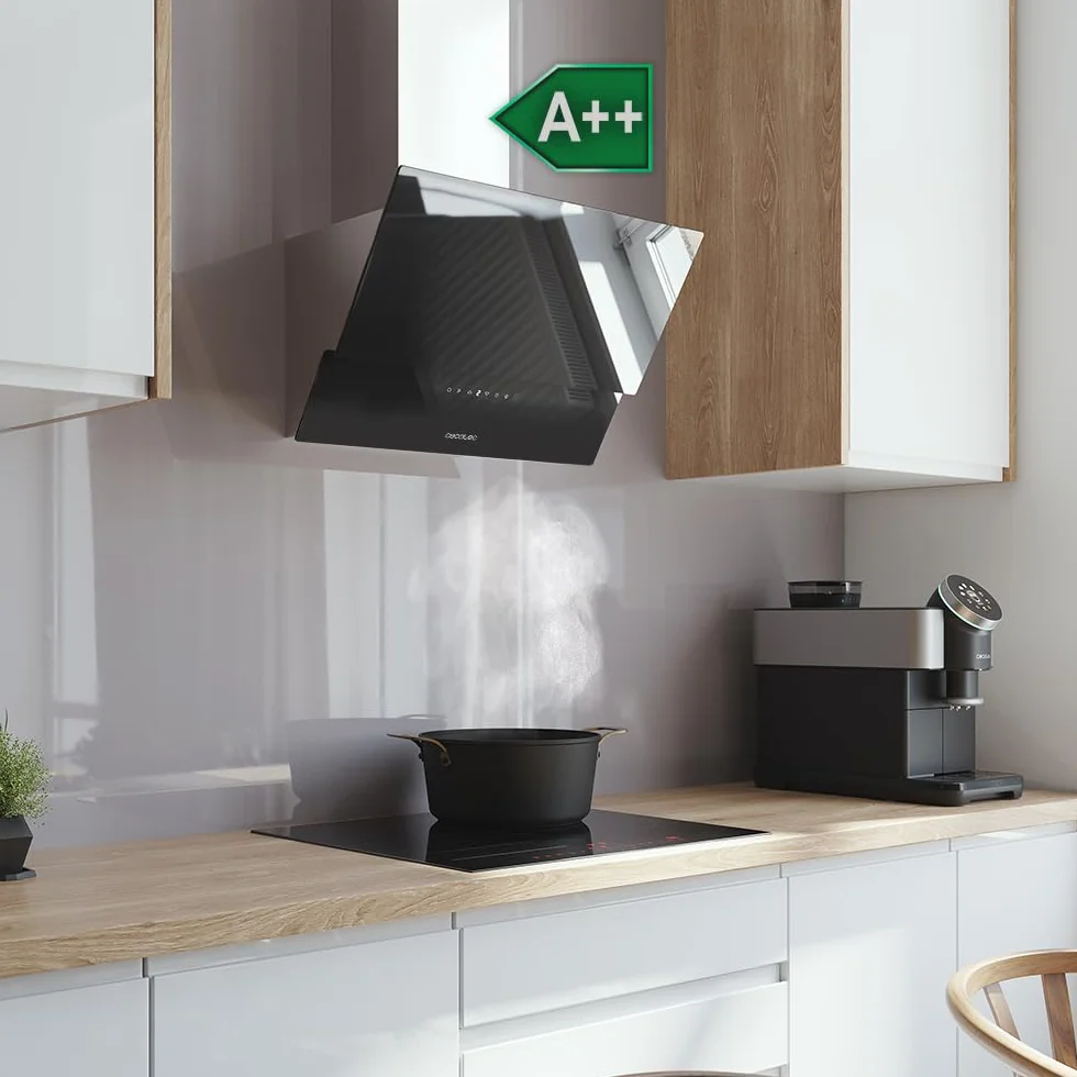 Cecotec Campana Extractora Decorativa 60 cm Bolero Flux DT 608001 Glass Black A++, 210W, Iluminación LED, Succión 800m3/h, Control Táctil, 3 Niveles, Filtro Carbono, Hand Movement, Delay Function