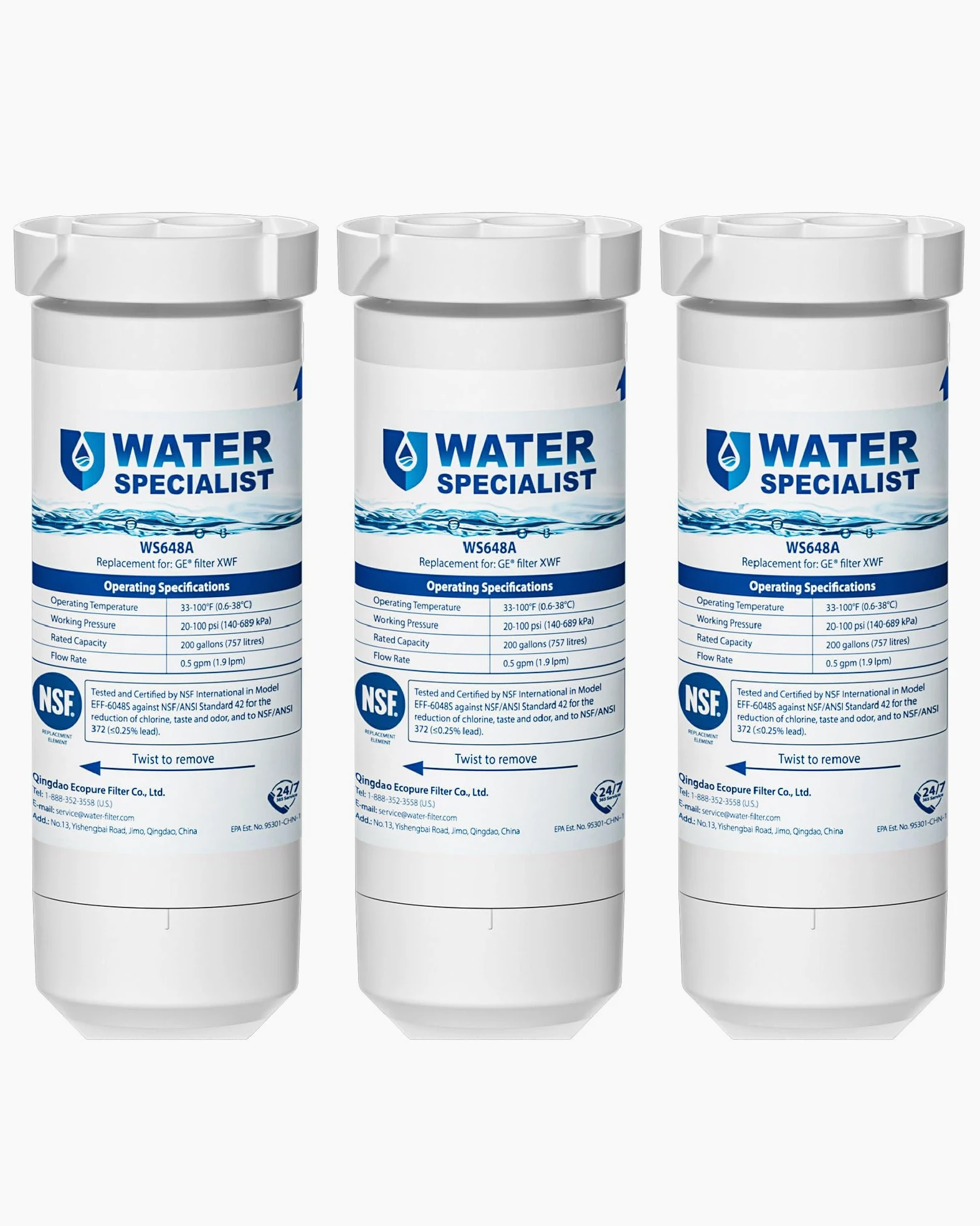 Waterspecialist XWF NSF Certified Refrigerator Water Filter, Replacement for GE XWF, Pack of 3 (Packaging may vary)