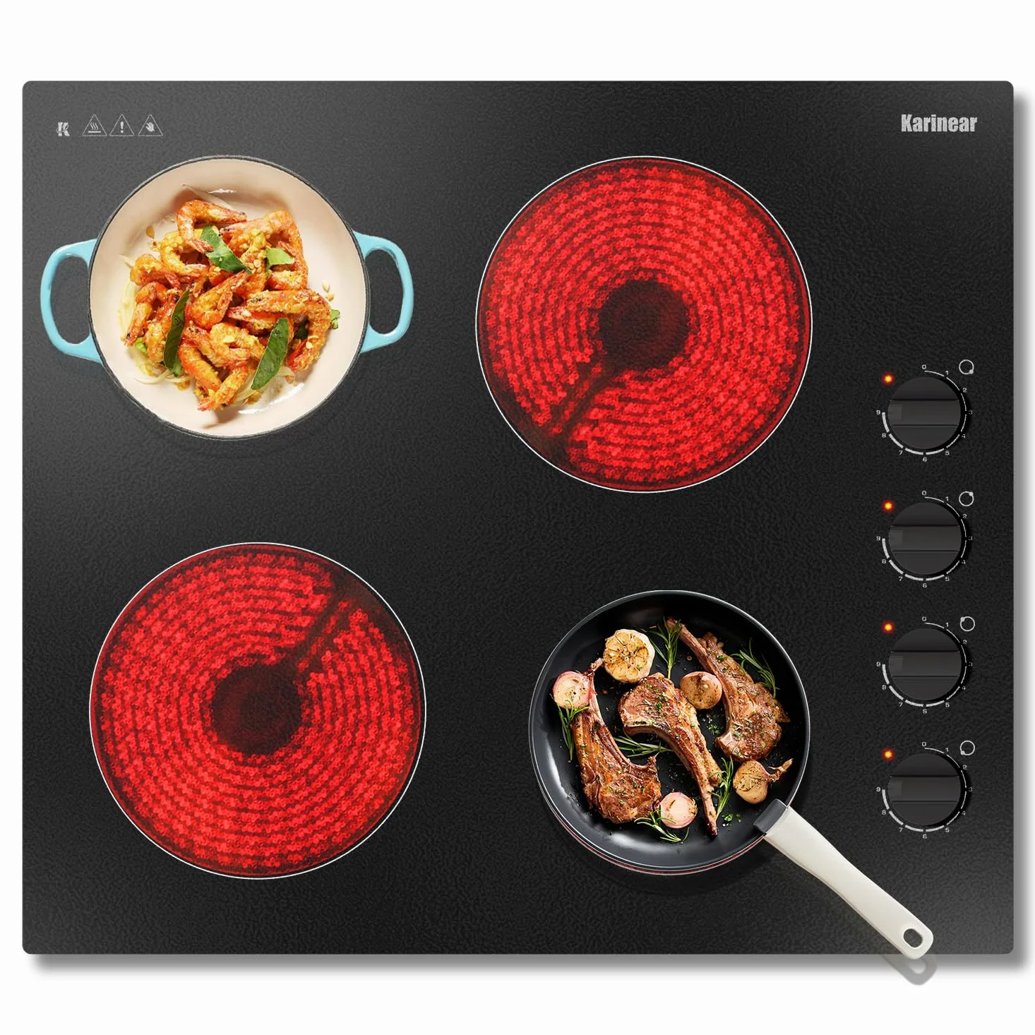 Karinear Placa Vitroceramica 4 Fuegos 60 CM con Mandos Manuales, 6000W | 9 Niveles de Potencia, 4 Placas con Niveles de Potencia, Compatibilidad Universal de Ollas, Apagado Automático, sin Enchufe