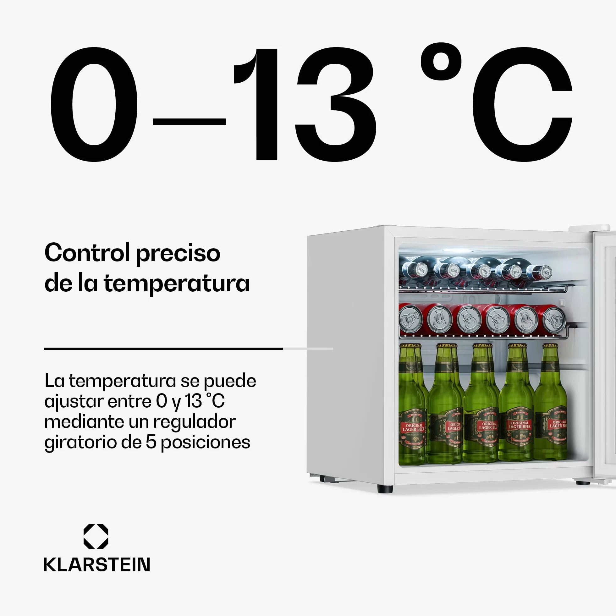 KLARSTEIN Beersafe Nevera para Bebidas - 47L, Puerta de Cristal Espejo, 0-13°C, 2 Estantes Metálicos Extraíbles, Frigorifico para Bebidas, Control Giratorio, Bajo Ruido