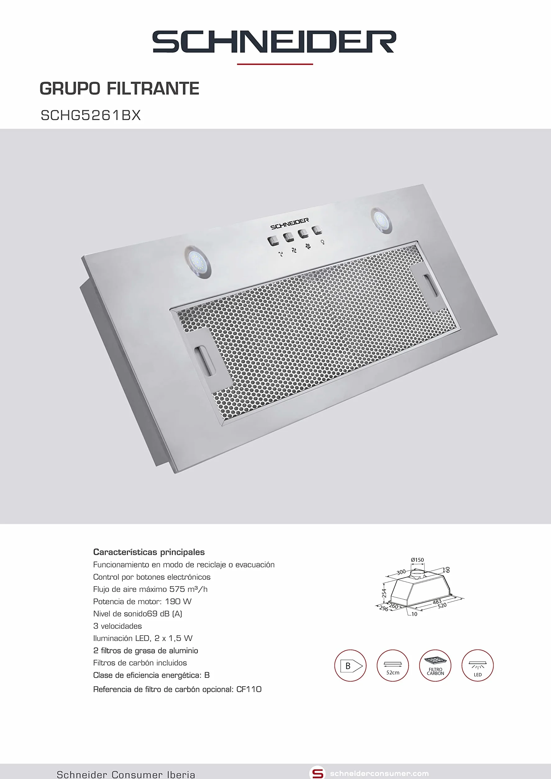 Schneider Campana extractora 52 cm 610 m3/h 190 W Inoxidable SCHG5261BX