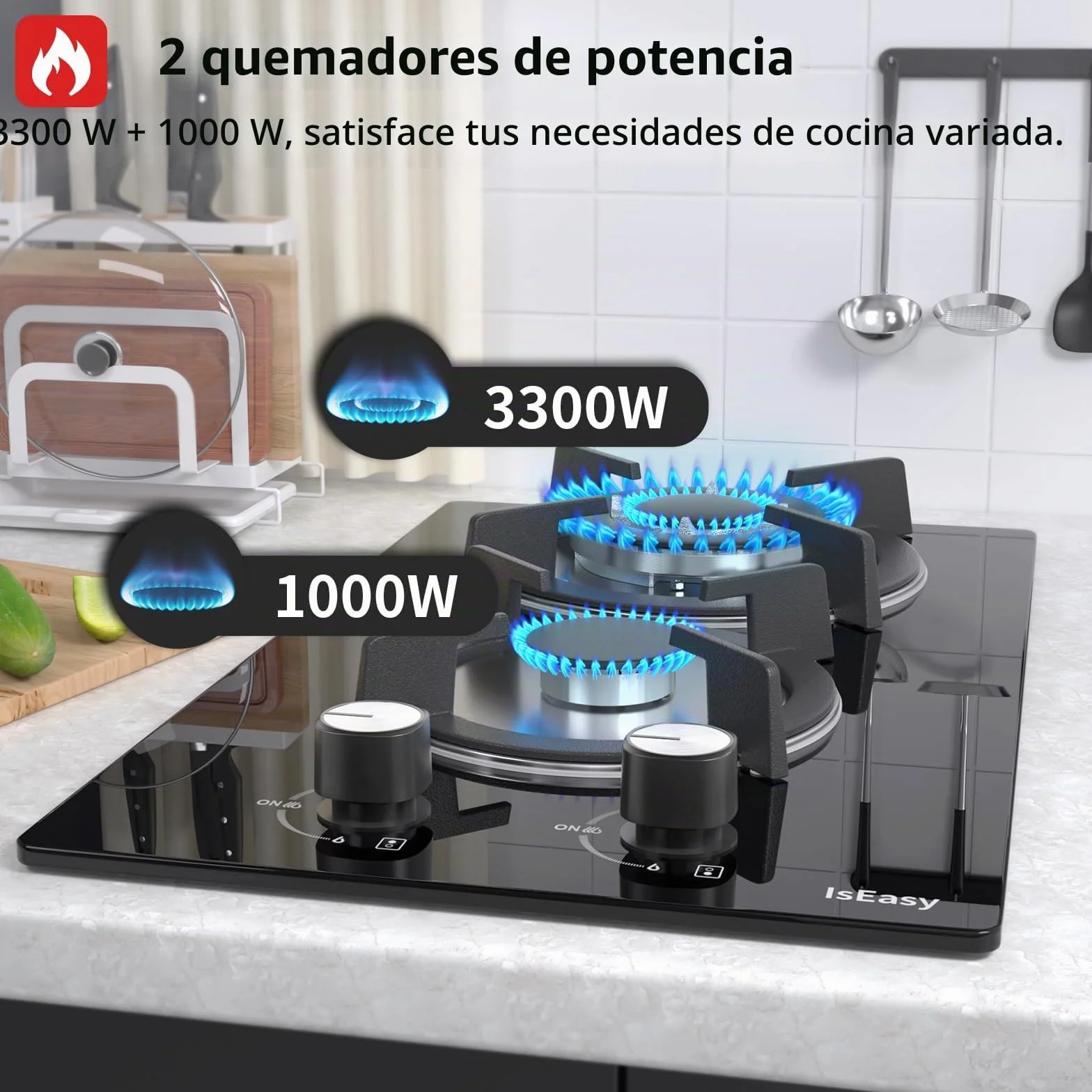 Placa de gas 2 fuegos autosuficiente cocina empotrable gas natural propano cristal