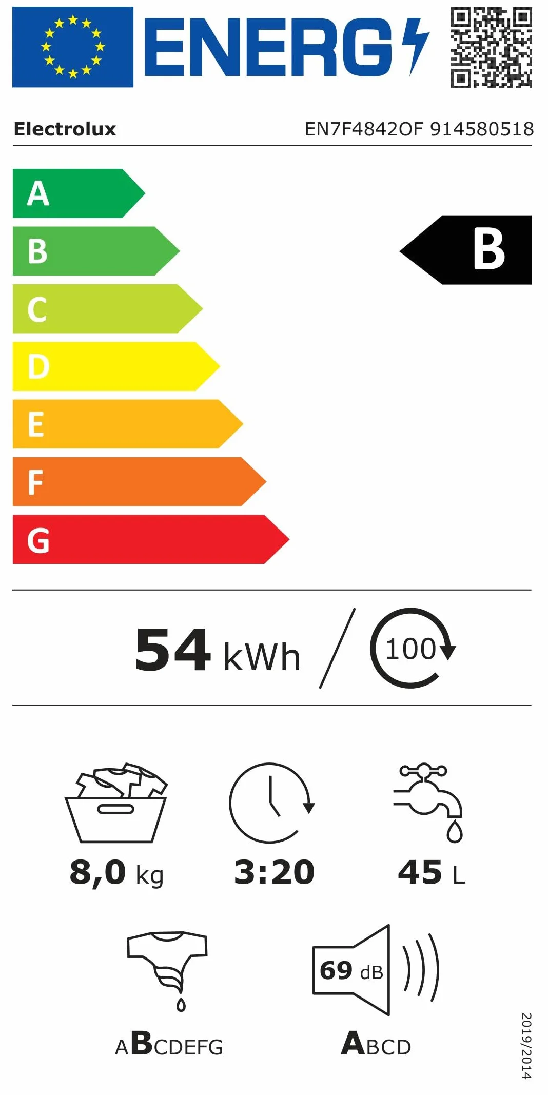 Electrolux EN7F4842OF Lavadora Integrable 8 kg, 1400 rpm, SteamCare con Vapor FreshScent, SensiCare, Time Manager, Display XL LCD, Motor Inverter, Programa Rápido, Certificado Woolmark Blue, Clase B