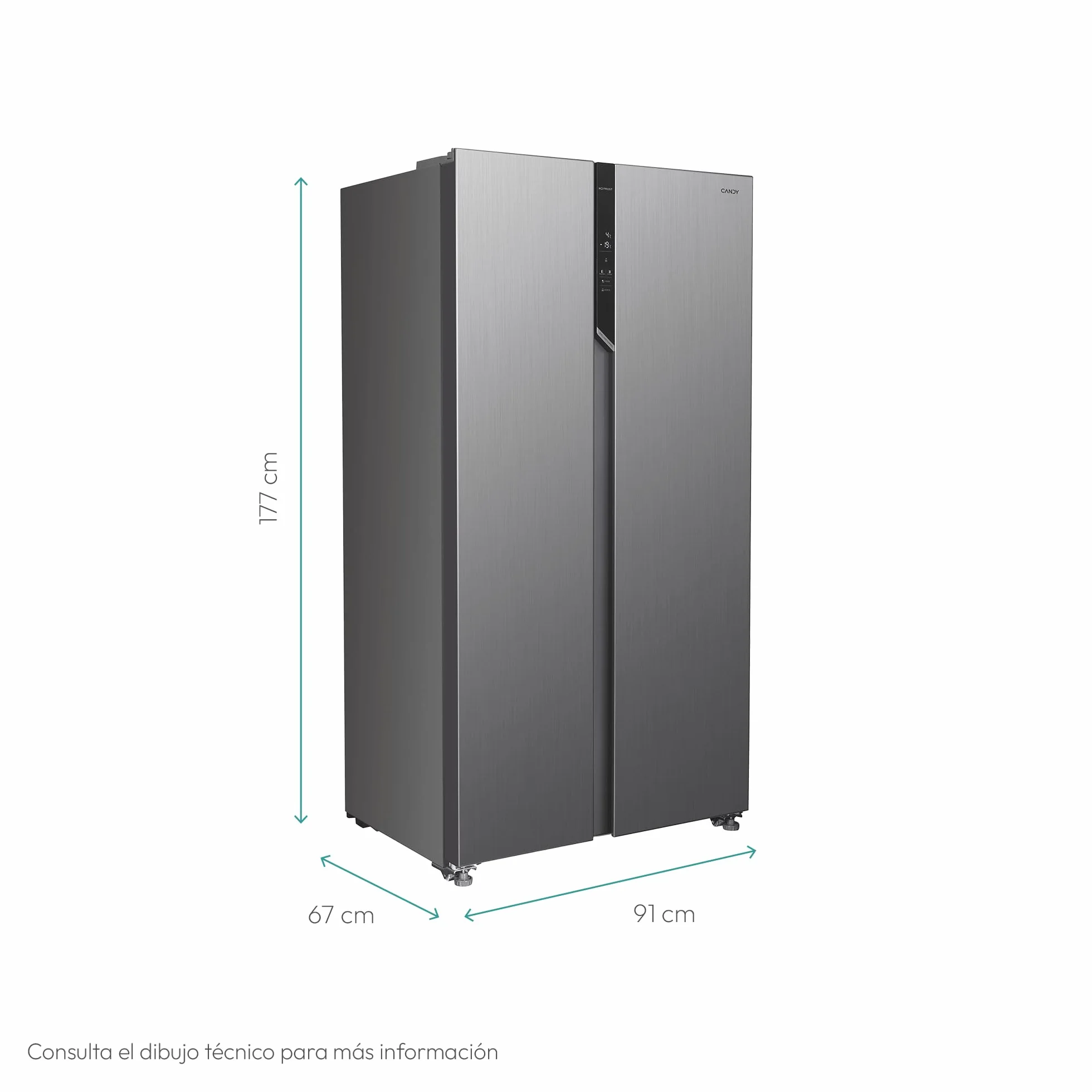 Candy CHSVN-174X, Frigorífico Side by Side, Ancho 91cm, Capacidad 532L, Inverter, Total No Frost, 2 Cajones Verduleros, Control Externo Digital, Iluminación LED, Patas Ajustables, Ruedas, 39DB, Blanco