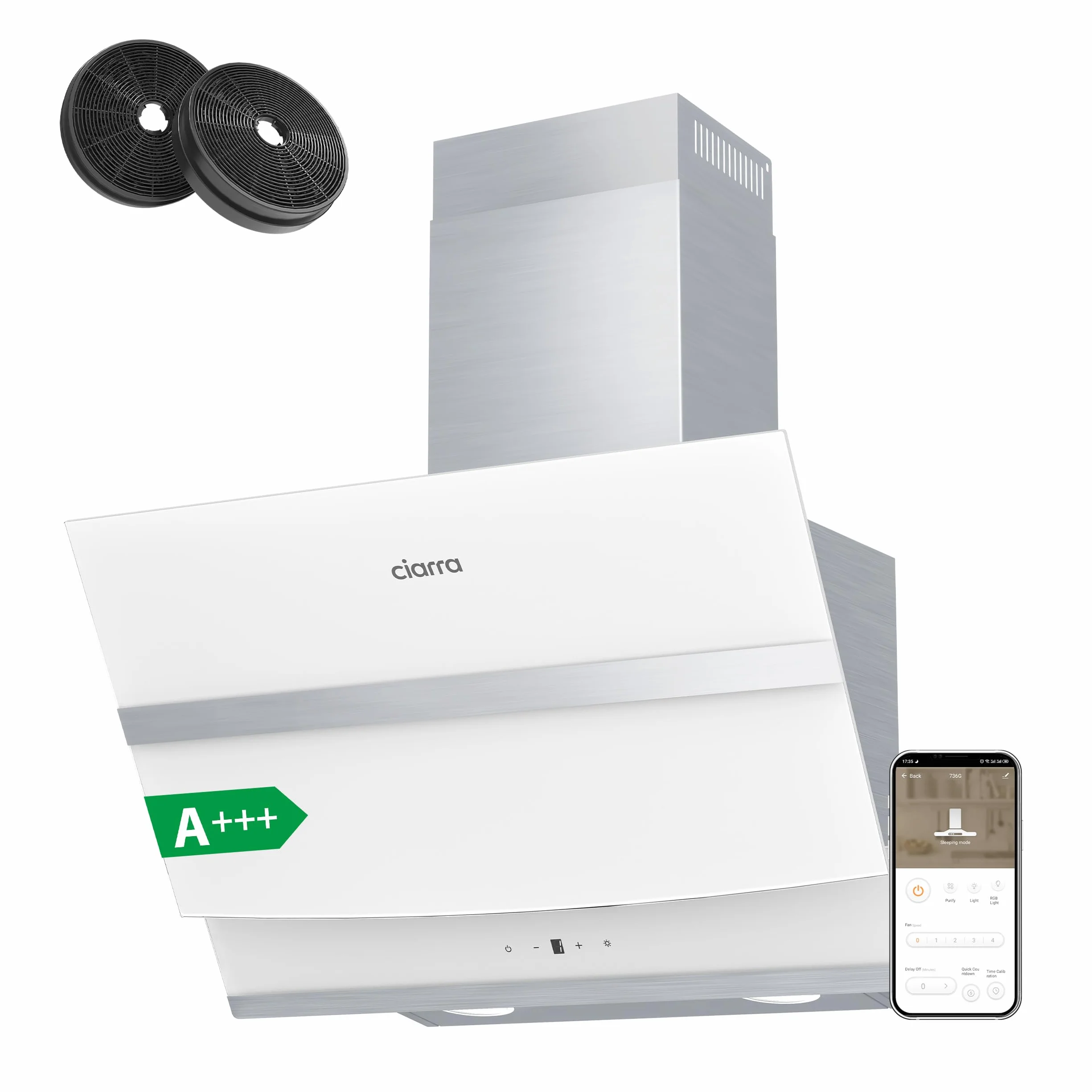 Ciarra ASW6736N Campana Extractora 60cm Clase A+++ 650m³/h Pantalla Táctil 4 Velocidades Recirculación por Filtro de Carbón- Blanco