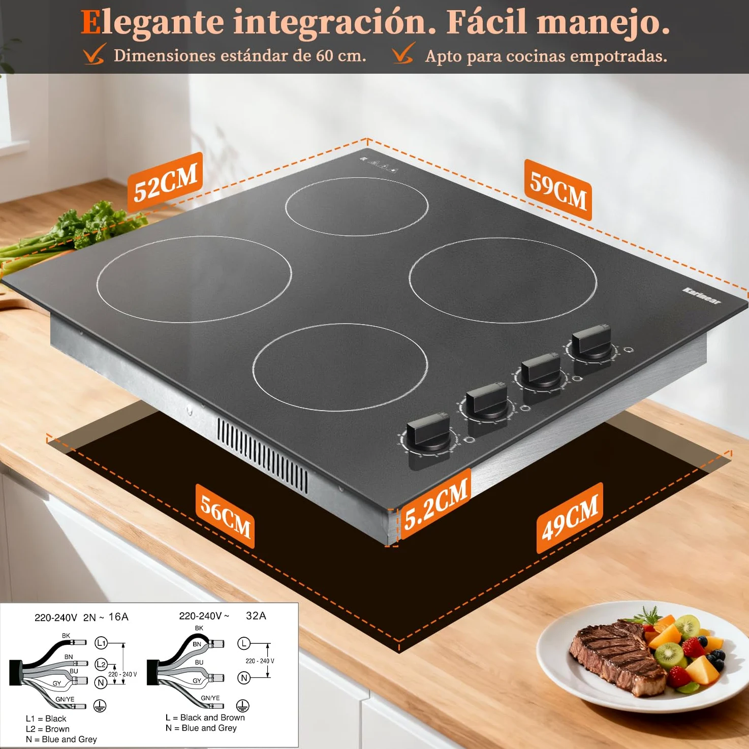 Karinear Placa Vitroceramica 4 Fuegos 60 CM con Mandos Manuales, 6000W | 9 Niveles de Potencia, 4 Placas con Niveles de Potencia, Compatibilidad Universal de Ollas, Apagado Automático, sin Enchufe