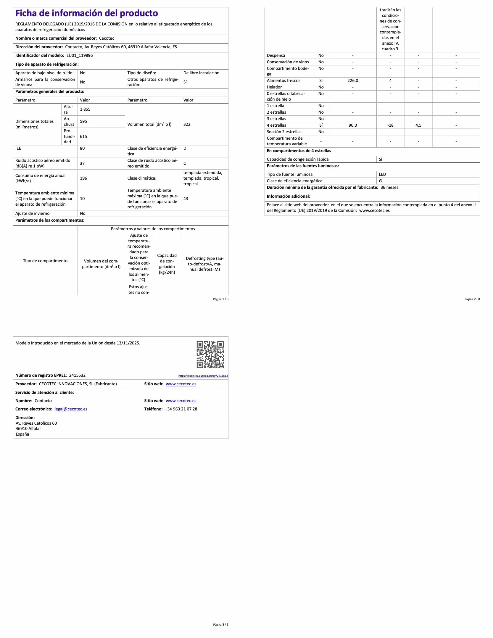 Cecotec Frigorífico Combi 322L Bolero CoolMarket Combi 322i Inox D. 185,5cm de Alto, 59,5cm de Ancho, Tecnología Multi Airflow, HumidityFlex HUB, LED Interior