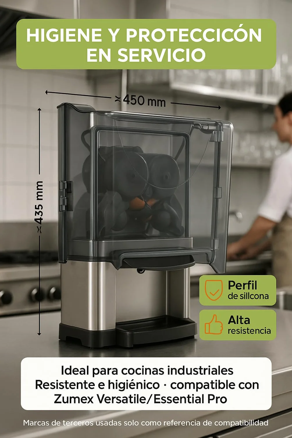 CubetasGastronorm Cubierta Delantera Tapa Frontal Plástico Grafito con Perfil Silicona para Exprimidor compatible Zumex Versatile Essential Pro Ref S3300930:01 450x435 mm Recambio Profesional Original