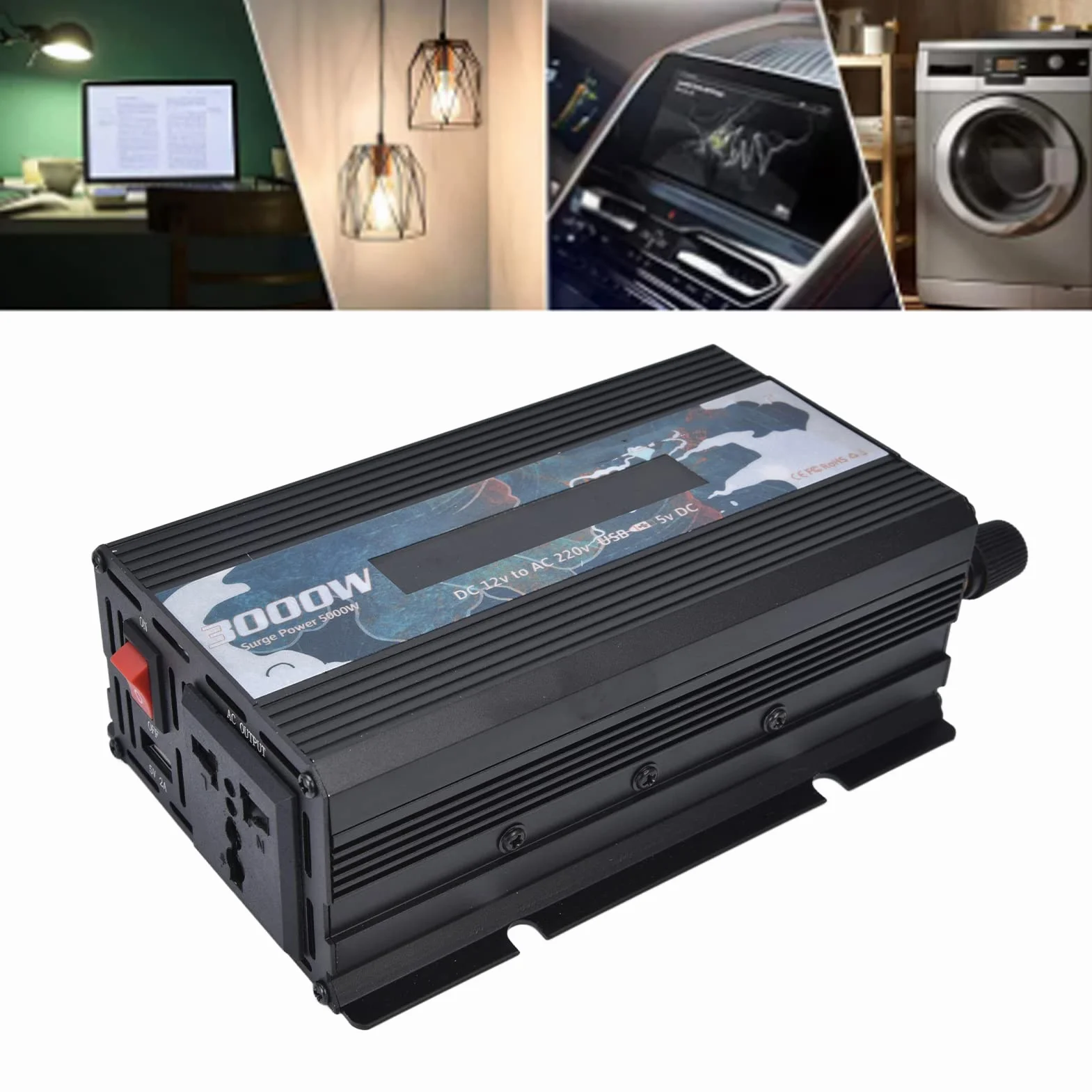 Inversor de Corriente Onda Sinusoidal Pura 300W 12V a 220V Convertidor Potencia Multifuncional para Hogar RV Camión Inversor Eléctrico Batería Energía Solar Inversor Portátil Negro