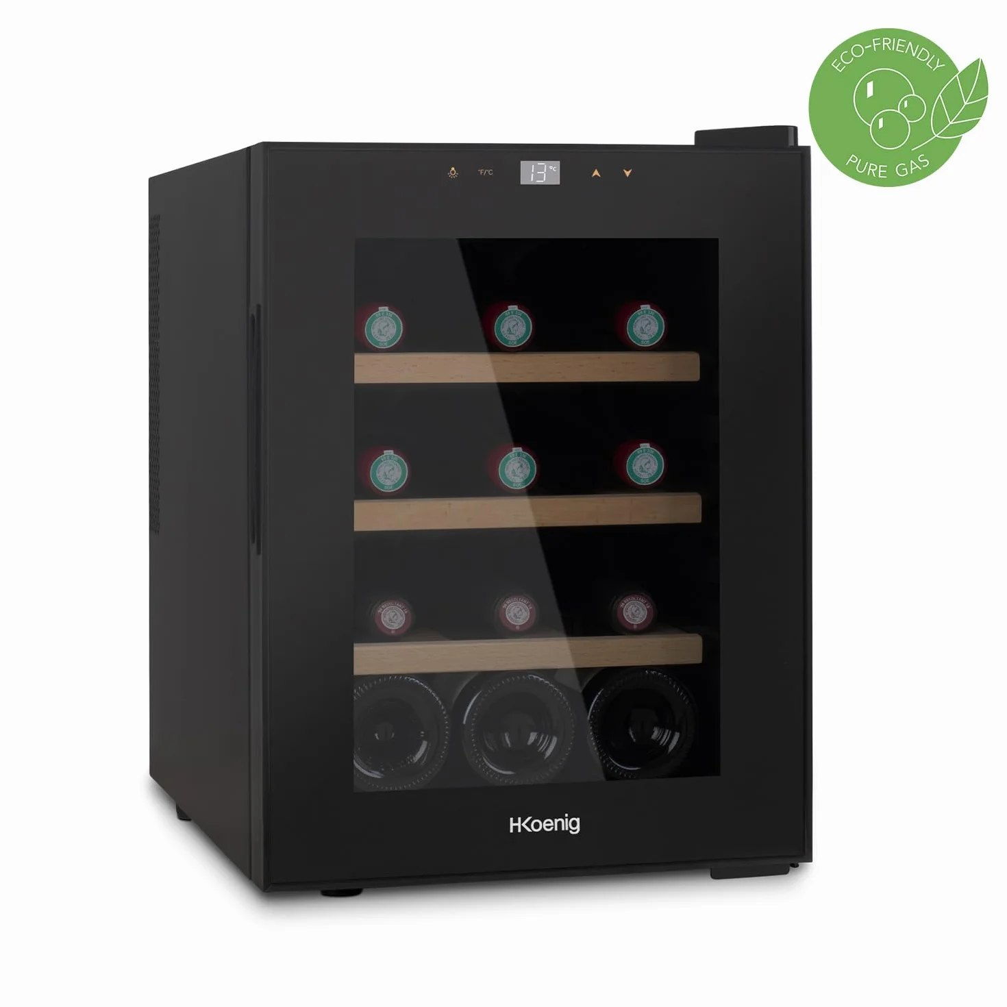 H.Koenig Vinoteca 12 Botellas AGE12, 31 L, Profesional Acero Inoxidable, Refrigerante, Termoeléctrica, Regulable de 8°C a 18°C, Silenciosa, Iluminación Interior, 3 Estantes, Negro