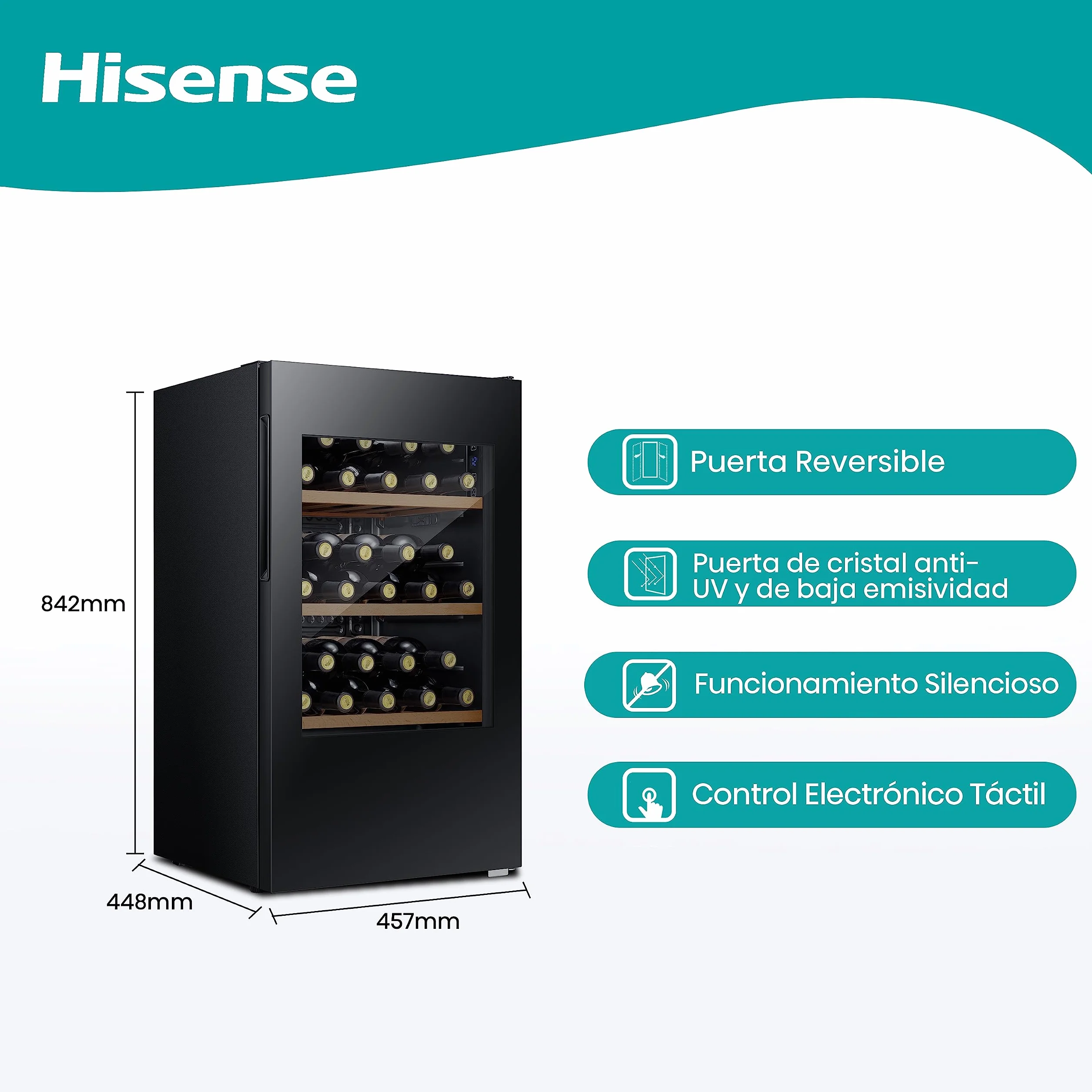 Hisense RW12D4NWG0 - Vinoteca 93 Litros G-Class 30 botellas, Puerta Reversible,Total No Frost [Clase de eficiencia energética G]