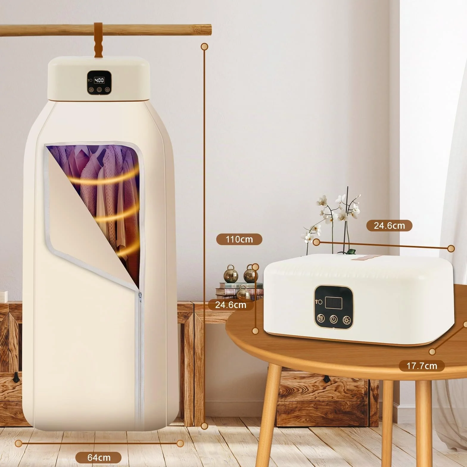 Roadtime - Secadora portátil de 600 W, mini bombas de calor con bolsa de secado, calefacción PTC y pantalla LED con temporizador 0-8 h, esterilización UV, apagado automático, pequeño secador de aire