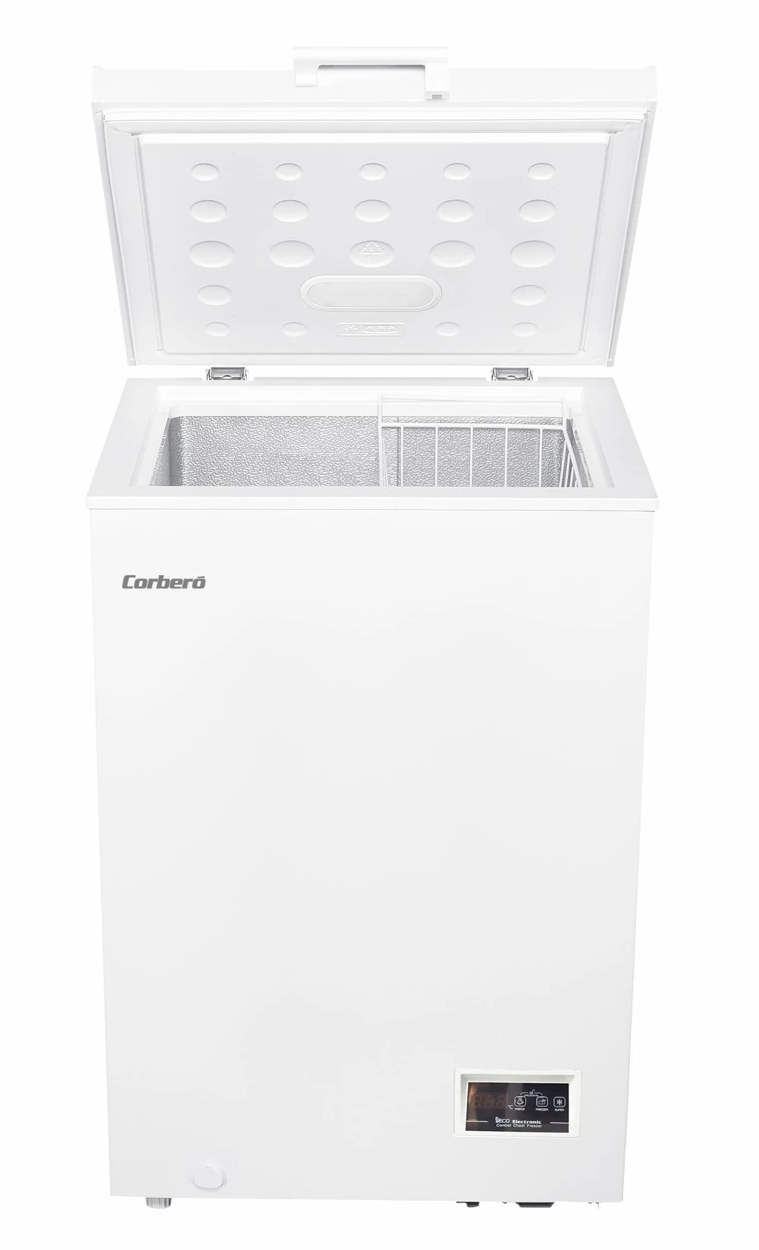 Corberó - Congelador Arcón 98L CCHH10023E | Control Electrónico con Display | Luces LED | 1 Cesta Interior | Ruedas y Patas Ajustables | 40 Db | Eficiencia Energética F, Blanco