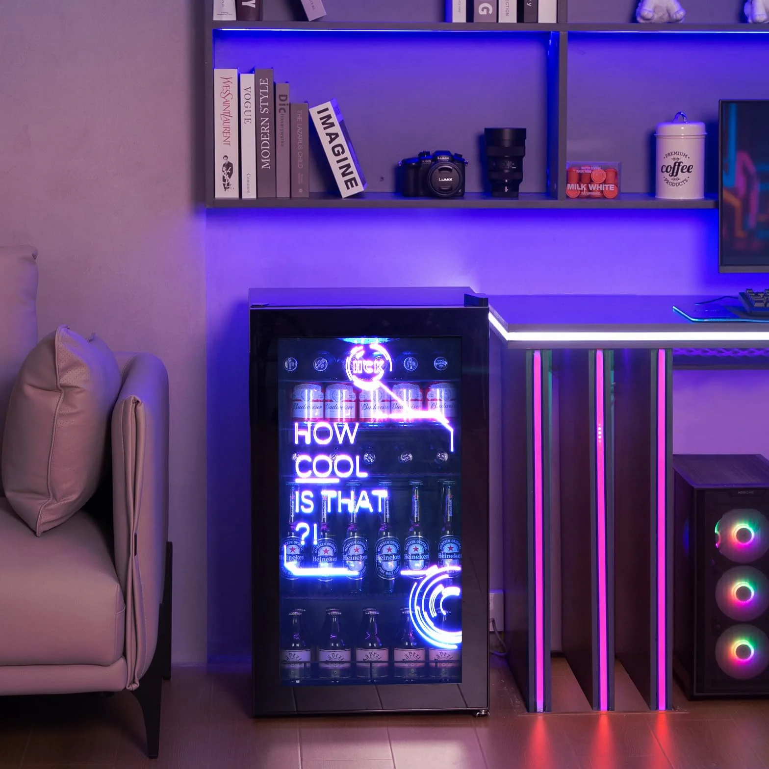 HCK Nevera Pequeña 98L, Mini Nevera con Iluminación Moderna Cyberpunk, Frigorifico Puerta Cristal de 0 a 10°C, Para Sala de Juegos, Fiesta, Negro