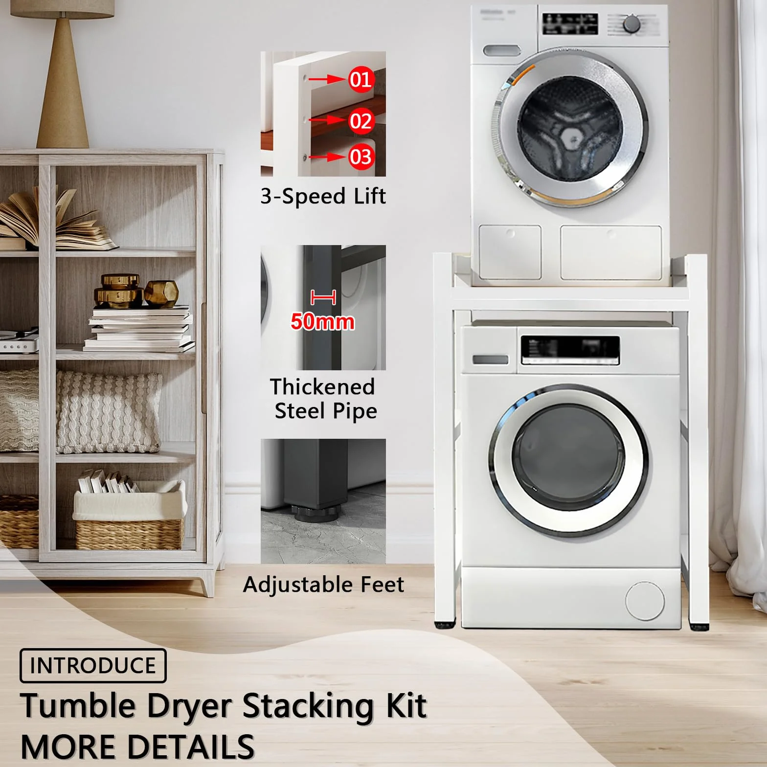 Soportes para lavadoras-secadoras Soporte de Carga 800 Kg, Mueble Para Lavadora y Secadora Ajustable en Altura de 3 Niveles, Tubo Cuadrado de 1mm de Espesor Estanterías para baño (b-b, 75x65x105cm)