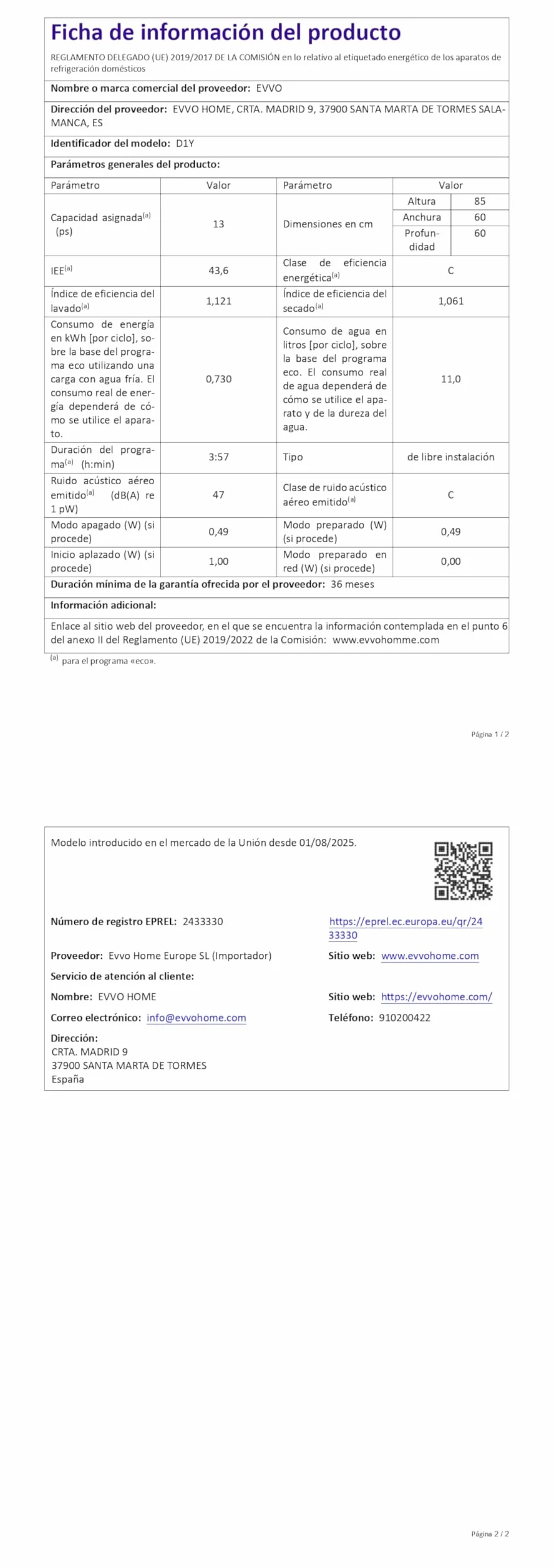Lavavajillas EVVO D1Y - 60 cm, 13 Servicios, Clase Energética C, 6 Programas, Funcionamiento Silencioso, Apertura Automática, Media Carga, Inicio Diferido 24h, Bloqueo Infantil
