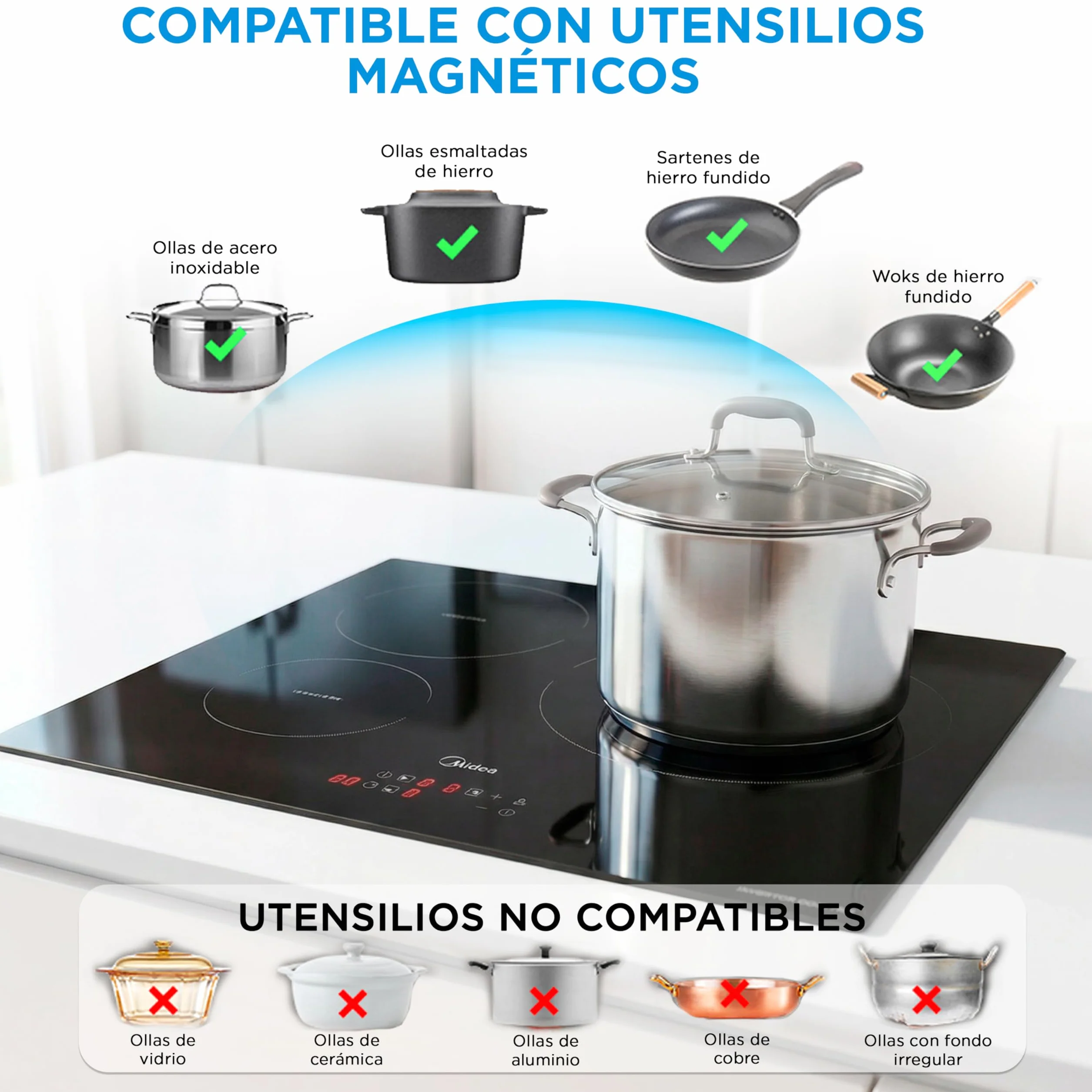 MIDEA Placa Inducción 3 fuegos 60 cm 7200 W - Vitroceramica Induccion Integrada con Panel de control tactil, Inverter quattro, 9 Niveles de Potencia, Booster, Indicador de Luz, y Temporizador.