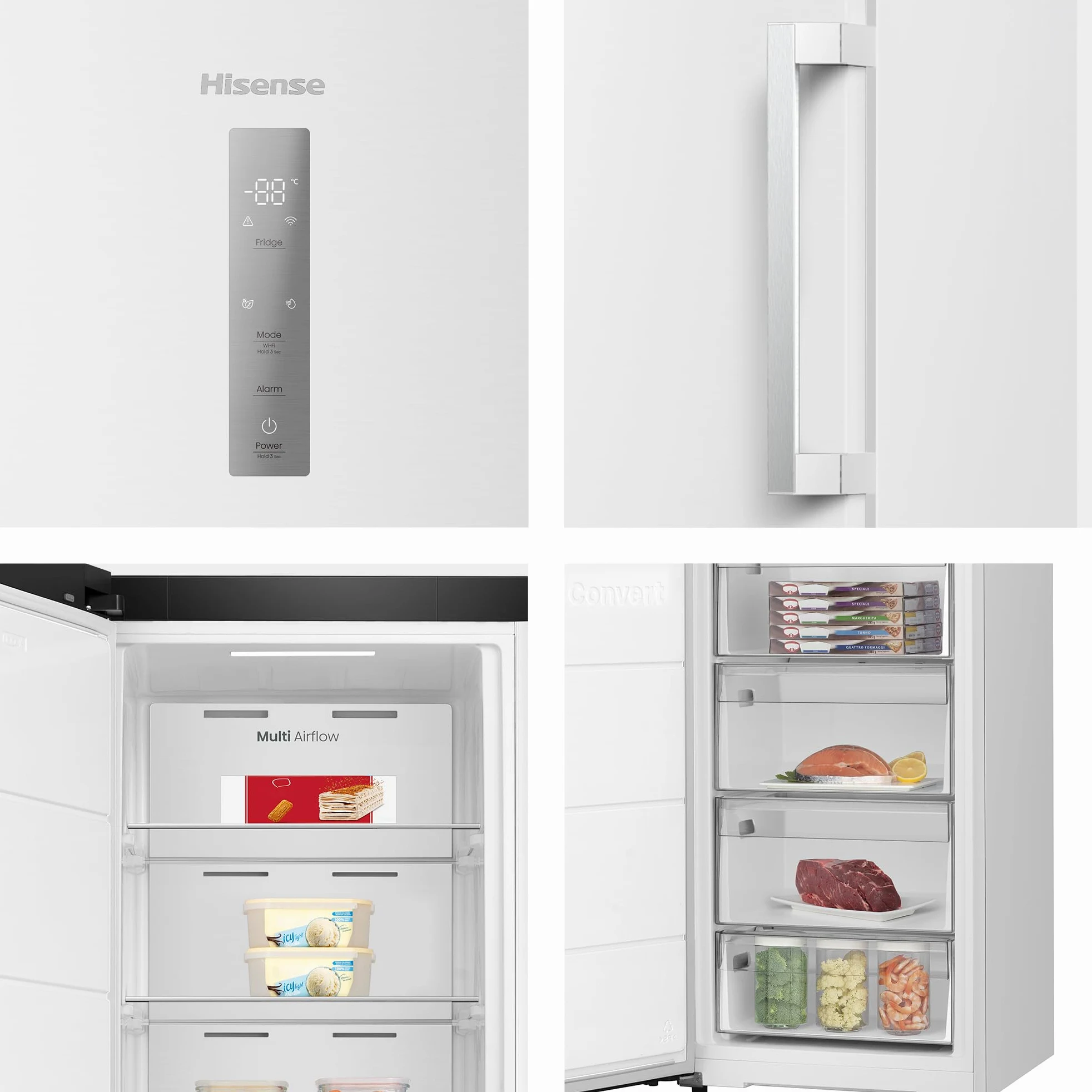 Hisense FT3K310SEWE1 - Congelador Una Puerta Total No Frost Kitchen Fit, 312L, 186cm, Ventilación Inferior, Congelamiento Rápido, Tirador de Apertura Fácil, Apertura de Puerta 90º, WiFi, Blanco