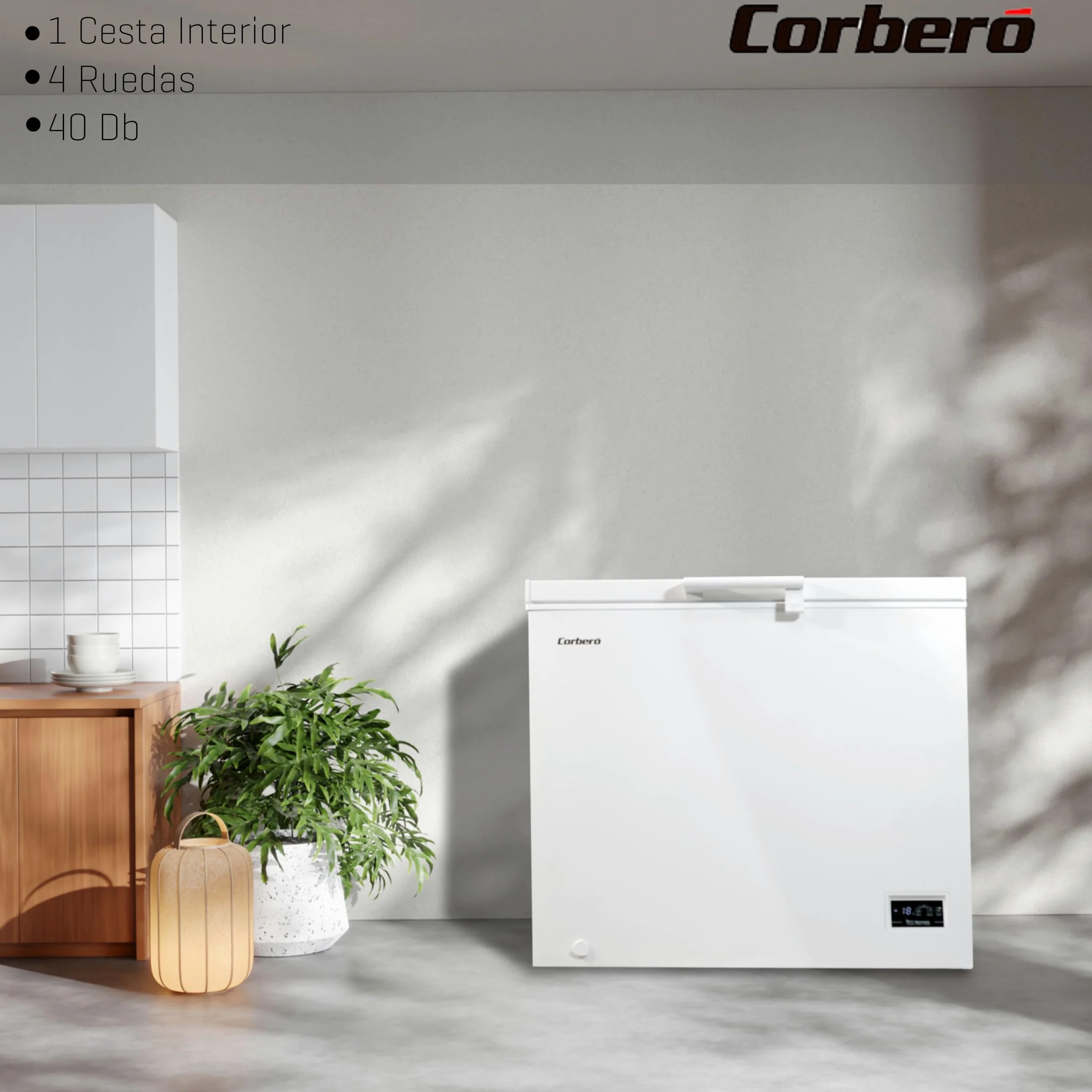 Corberó - Congelador Arcón | CCHH20024E | Capacidad 198L | Control Electrónico con Display | Luz LED | Tirador | 1 Cesta Interior | 2 Ruedas | 2 Patas Ajustables | 40 Db | Blanco