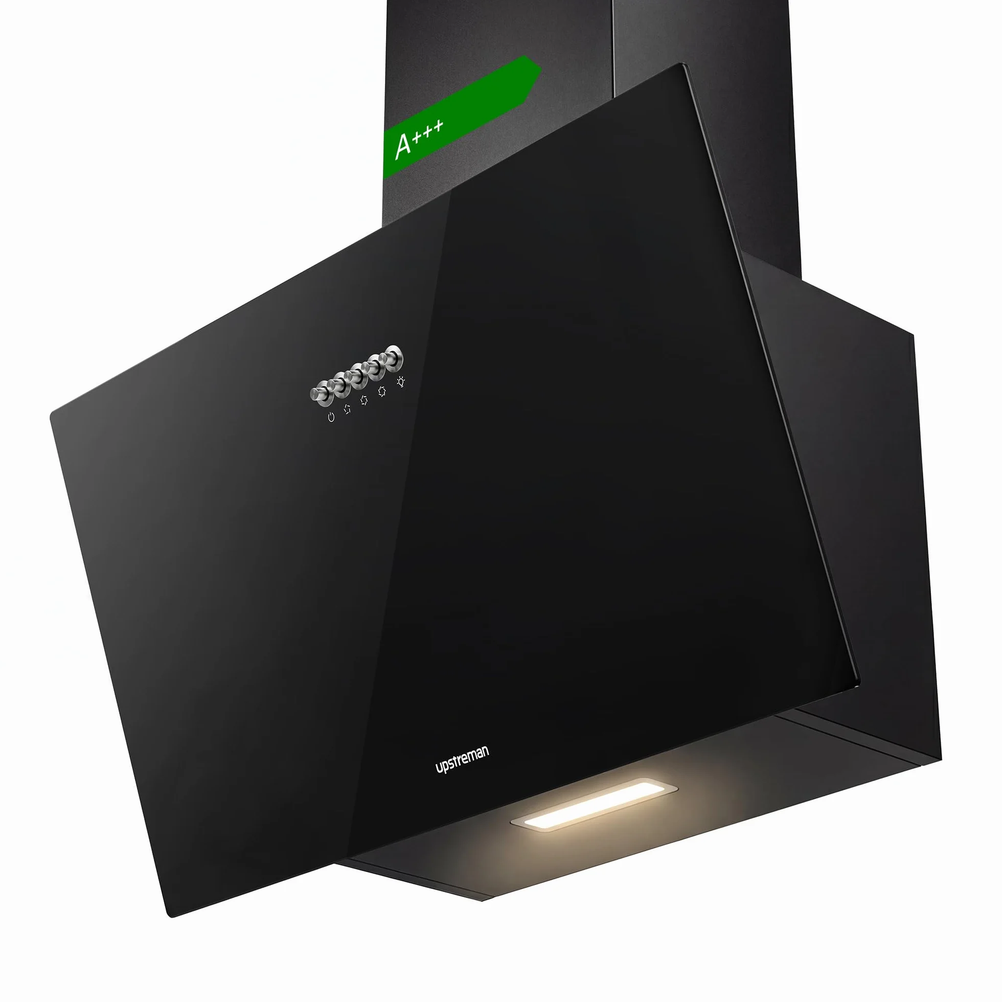 Upstreman Campana Extractora 60 cm, A+++, 56 dB, Diseño Inclinado | 3 vel (324 m³/h), bajo consumo 7 kWh, evita golpes, visión despejada, filtros carbón, LED, filtro lavable, cristal templado