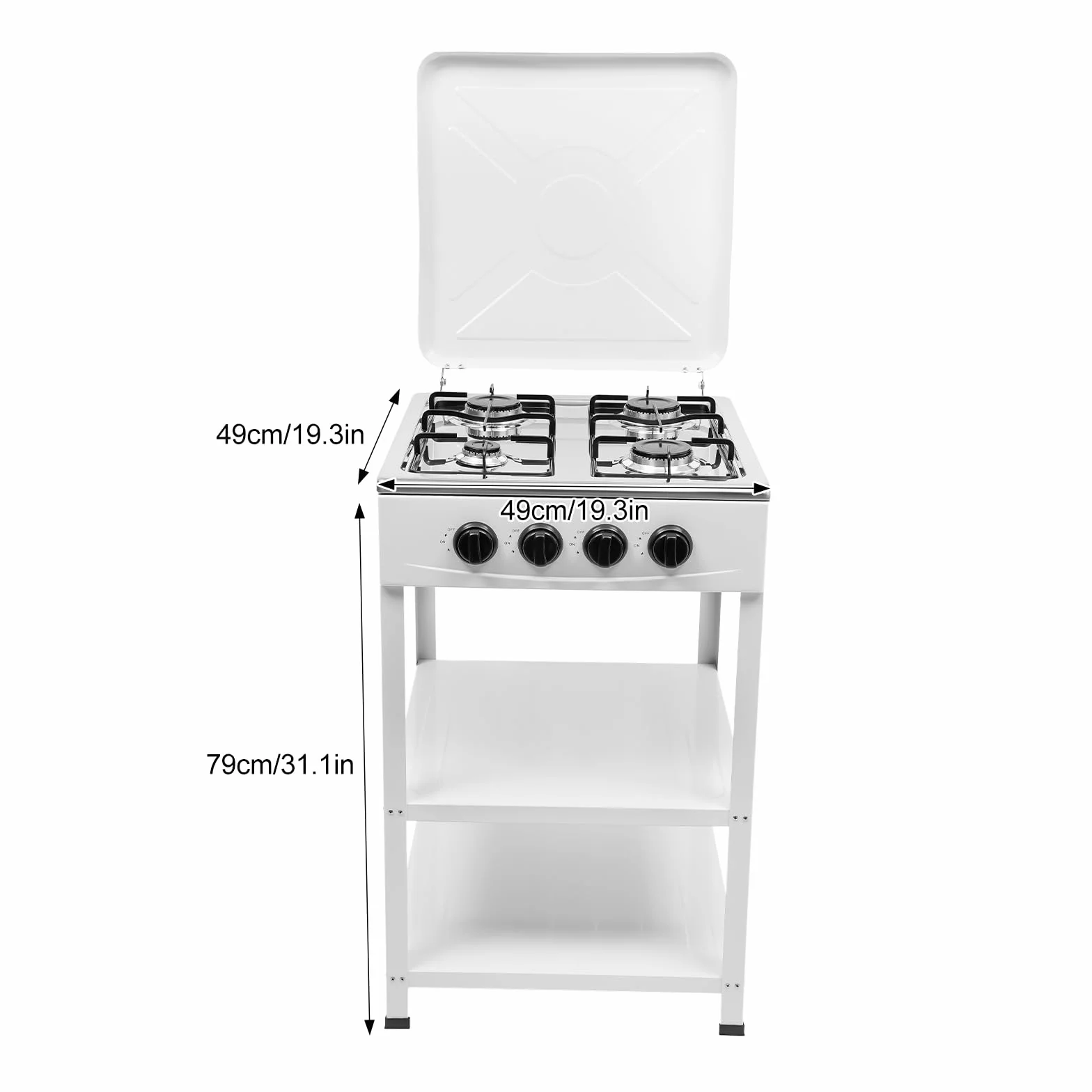 Estufa de gas de 4 quemadores, 4 quemadores, hornillo de gas independiente, 4 zonas, control independiente, pomo 49 x 49 x 79 cm, encendido, protección contra el viento, patas antideslizantes, para