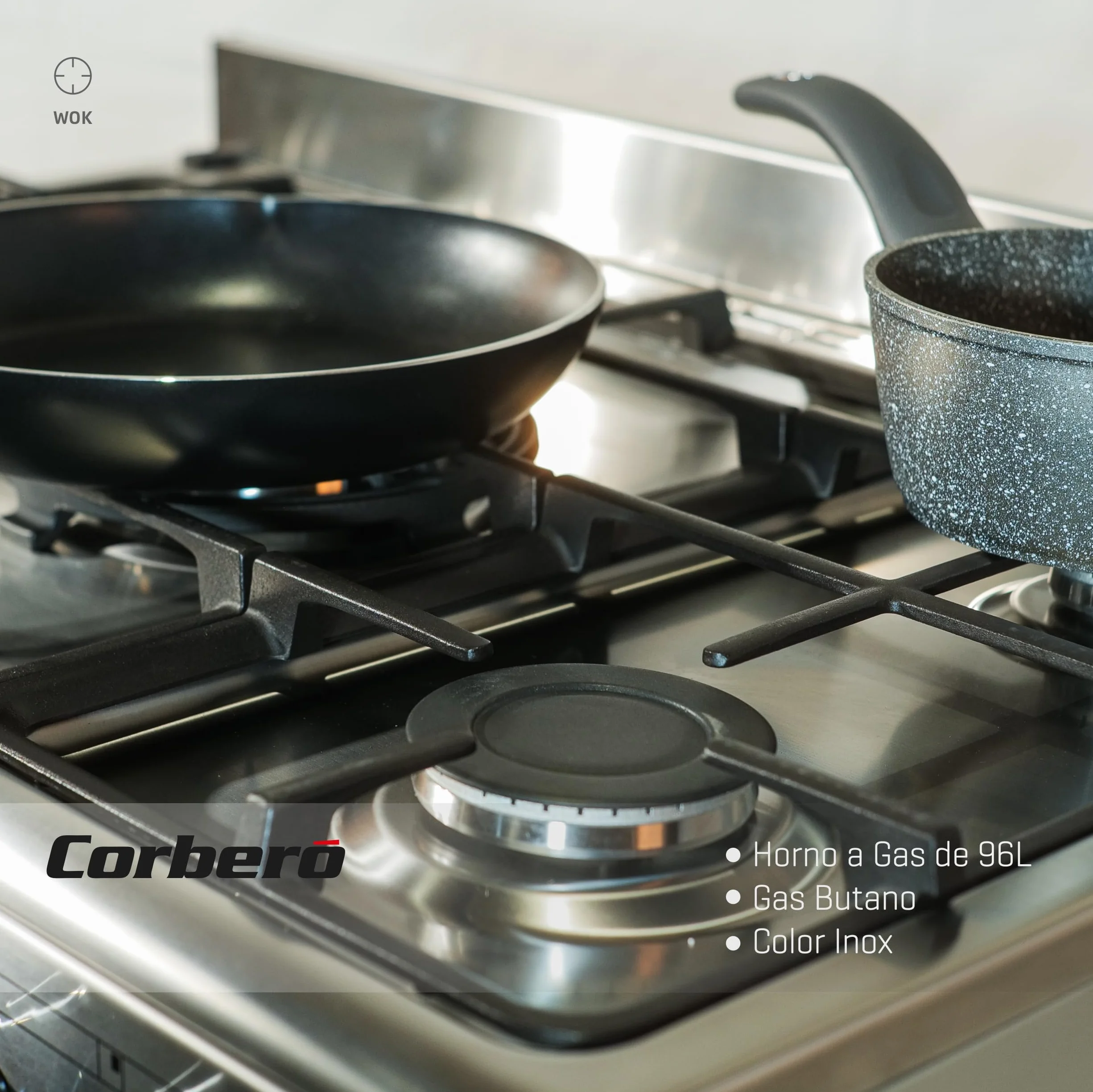 Corberó - Cocina de Gas Butano | CC900X | Horno 96L Panorámico | 5 Fuegos con Opción Wok | Autoencendido Integrado | Fácil Limpieza | Sin Tapa | Inox