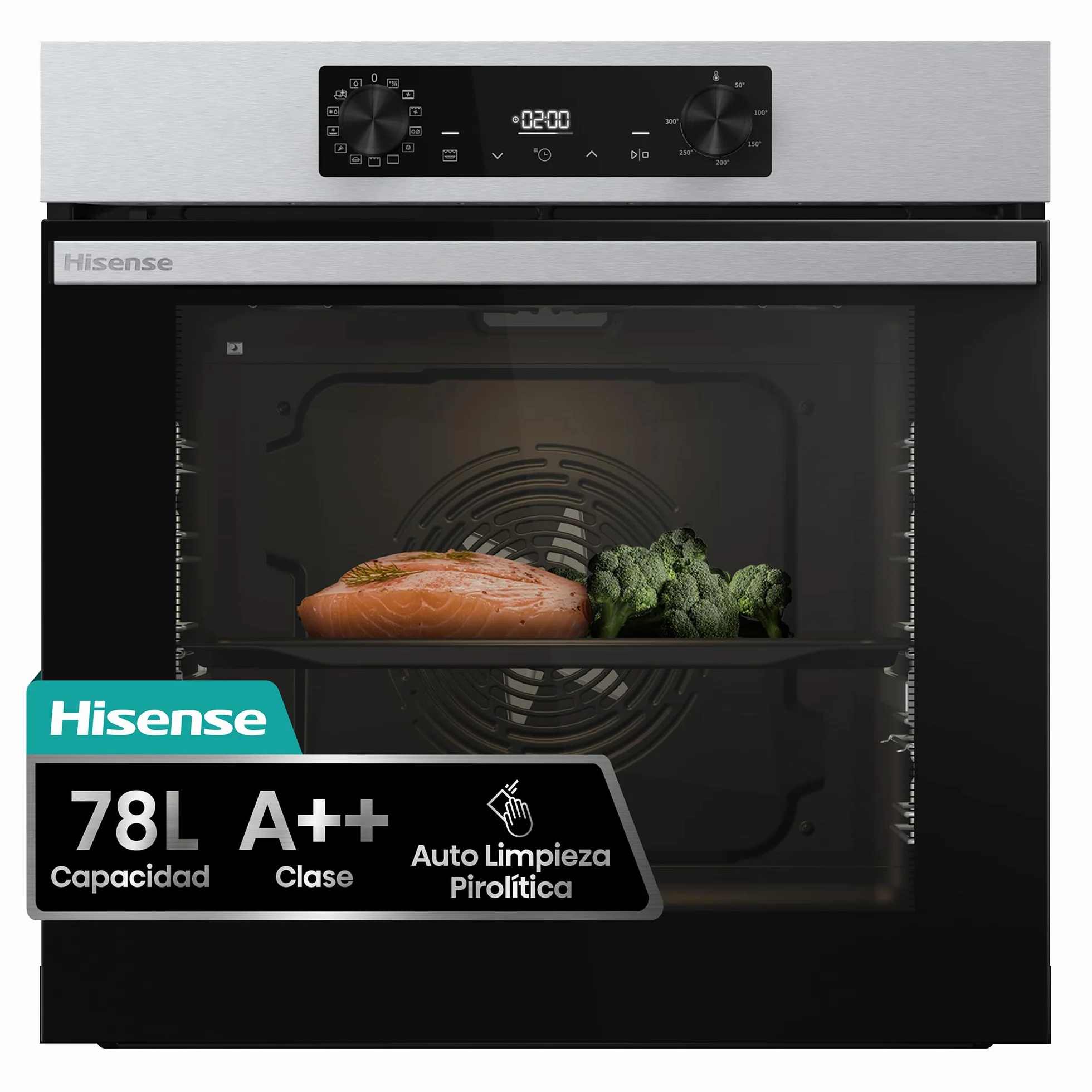 Hisense BI64216EPX - Horno Multifunción Pirolítico, Clase A++, 78L, Fondo 57cm, Guía Telescópica, Calentamiento Rápido, Apertura Y Cierre Suave de Puerta, Air Fry, Modo Pizza, Modo Congelados, Inox