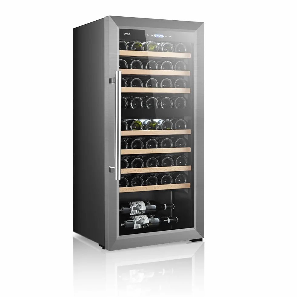 SVAN Vinoteca 45 Botellas Negro SVN4500D. 85W, 2 Zonas Independientes, Display LED táctil, Pantalla Digital Exterior, 7 Baldas de Madera, 1 Rejillas Metálicas, Clase de Eficiencia Enérgetica G