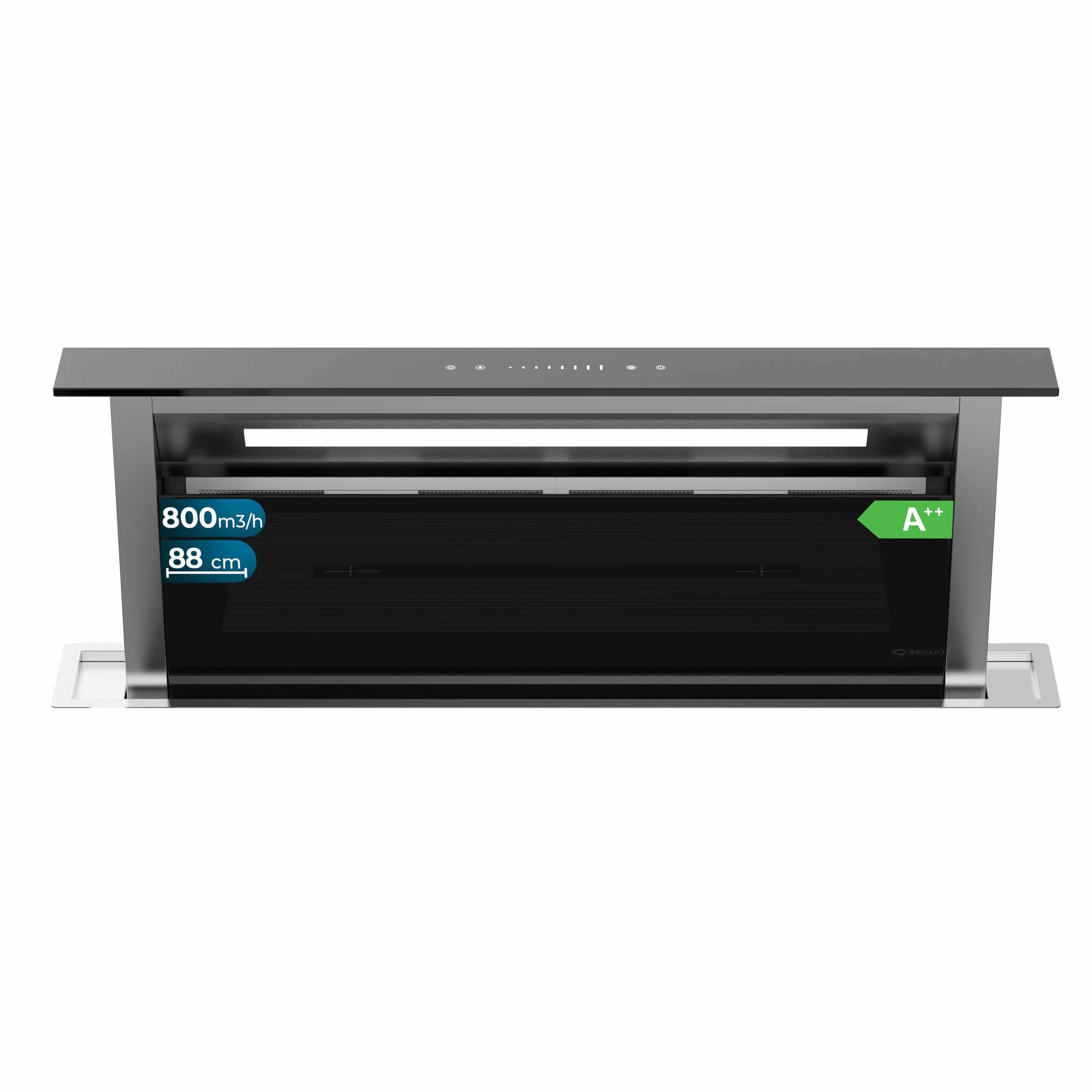 Cecotec Campana Extractora de Encimera 90m Bolero Flux ET 908000 Glass Black A++. 210W, Succión 800m3/h, 8 Velocidades, Slider Touch Control, Filtro Carbono, Acabado en Cristal Negro
