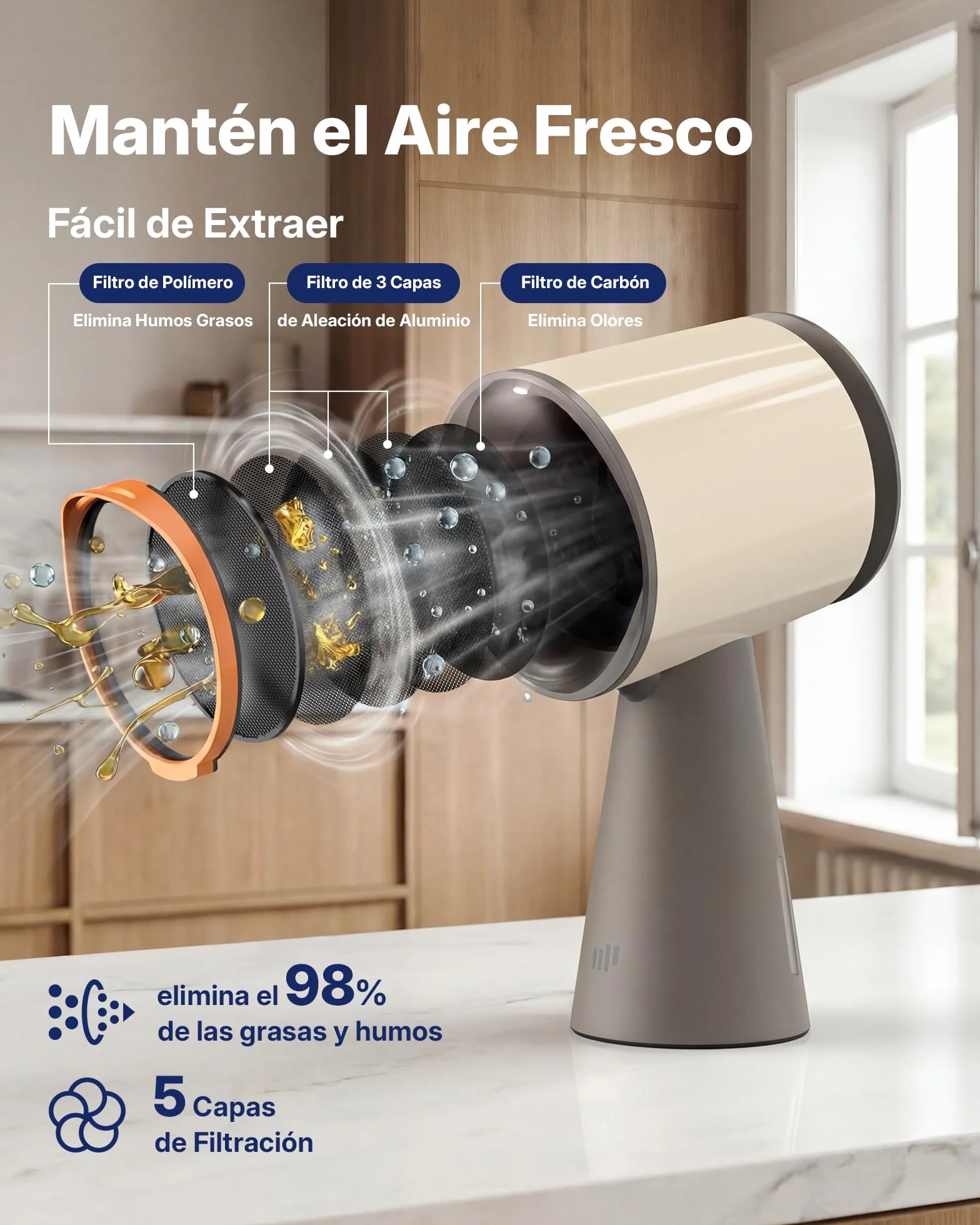 Upstreman Campana Extractora Portátil de Mesa con 3 Velocidades, Bajo Ruido, Recipiente Grande para Aceite y Filtro de Carbón de Aluminio Extraíble, Beige