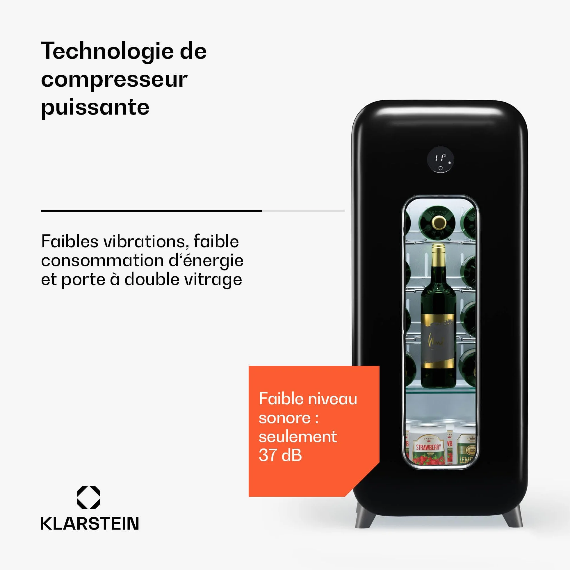 Klarstein Vinoteca para Vinos, Nevera Vino Una Zona, Botellas Vino, Proseco y Cervezas, Vinoteca Pequeña Puerta Cristal para Interior y Exterior, Nevera para Vinos Capacidad 15 Botellas