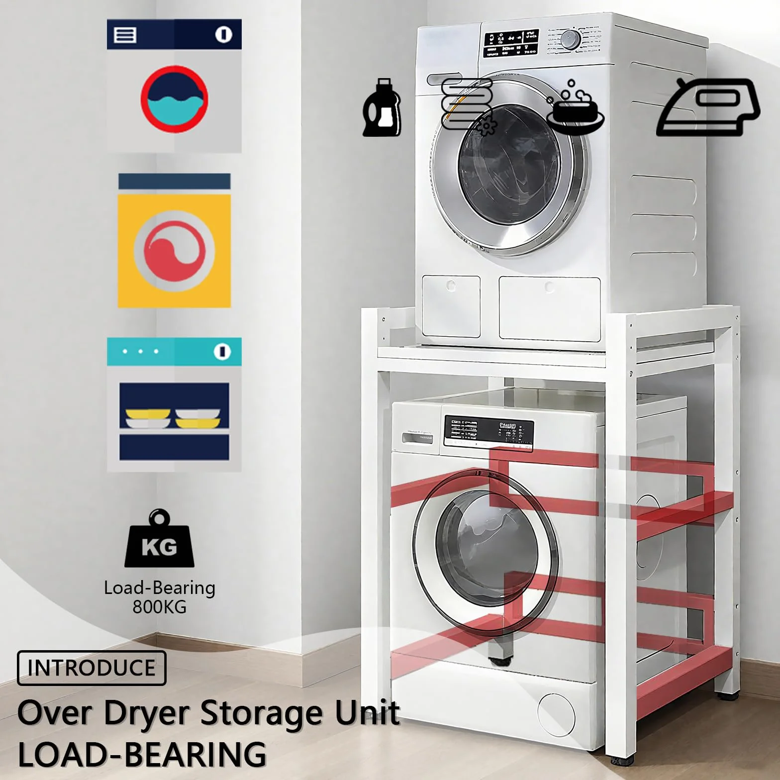 Soportes para lavadoras-secadoras Soporte de Carga 800 Kg, Mueble Para Lavadora y Secadora Ajustable en Altura de 3 Niveles, Tubo Cuadrado de 1mm de Espesor Estanterías para baño (b-b, 75x65x105cm)
