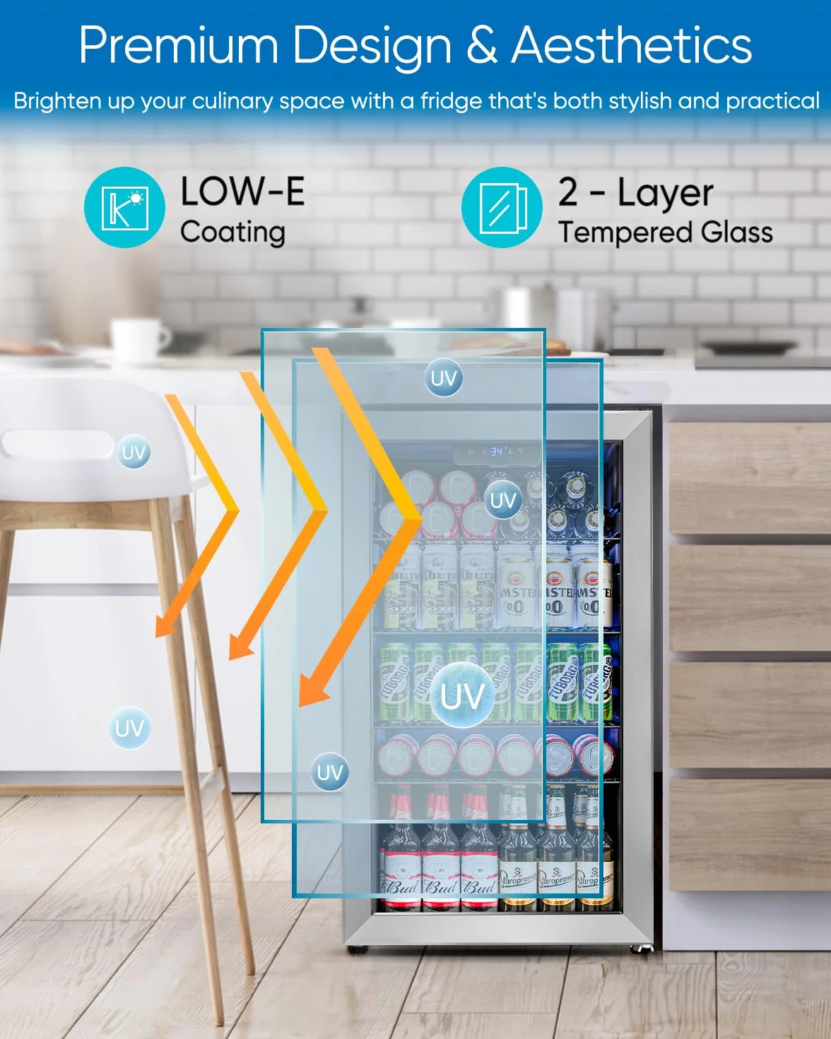 Feelfunn - Refrigerador y enfriador de bebidas, 126 latas, mini puerta de vidrio para refrescos, cerveza, vino, nevera de bebidas no empotrado para el hogar, oficina, bar, 4 estantes ajustables, 3.2