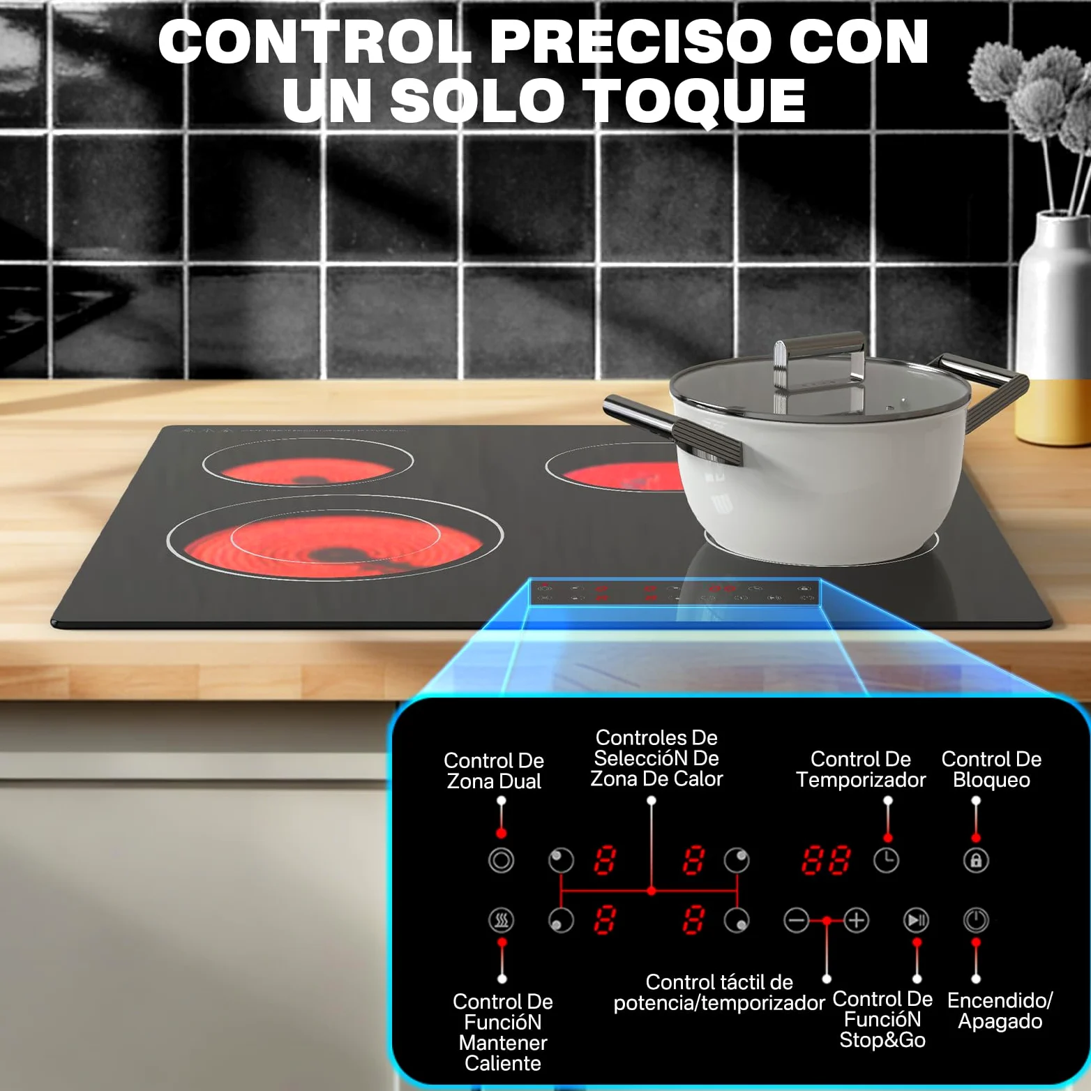 Placa Vitrocerámica 60cm Empotrable 4 Zonas 6700W Dual Ring