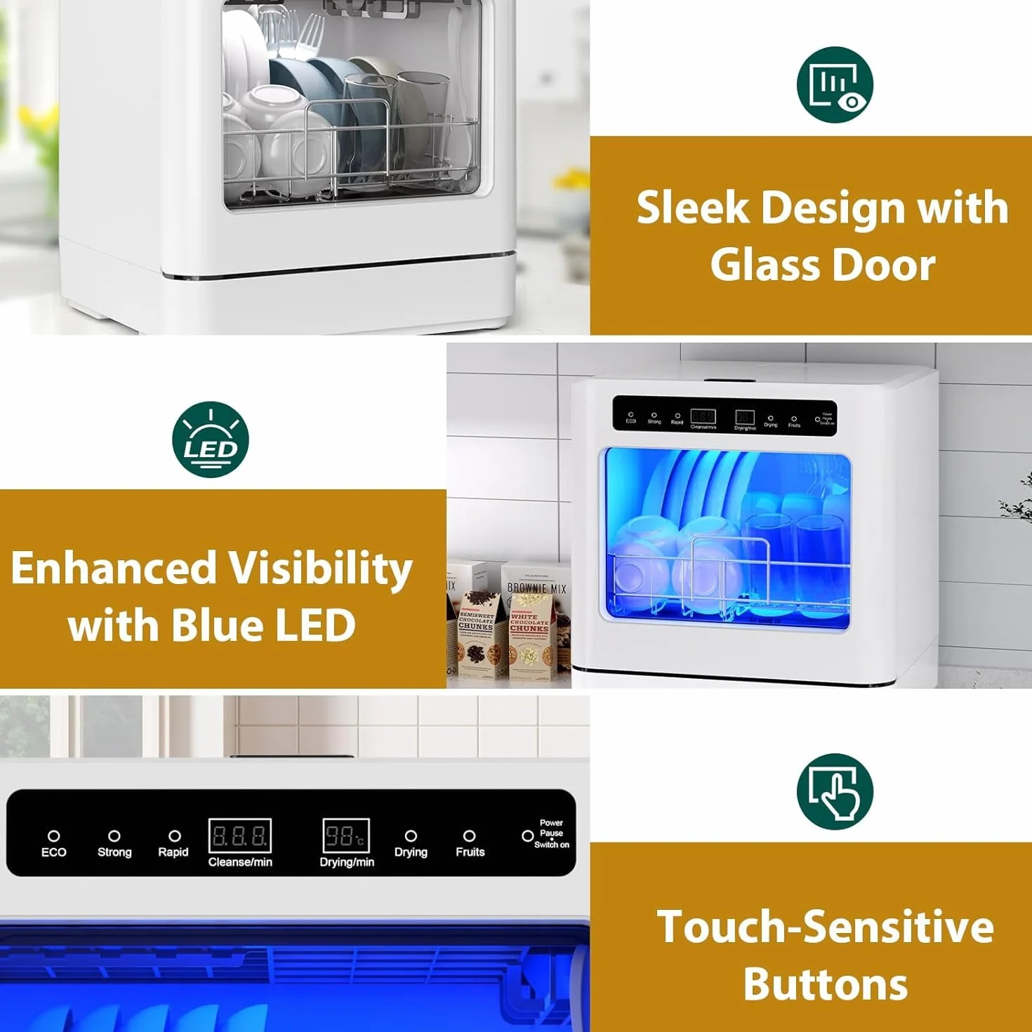 Encimera lavavajillas portátil de 800W, lavavajillas de mesa con 6 programas y tanque de agua de 6L, mini lavavajillas con cubierta semitransparente e indicador LED, perfecto y sencillo para