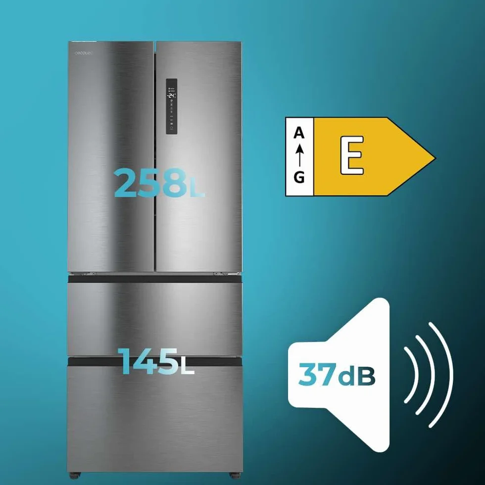 Cecotec Frigorífico Puerta Francesa Total No Frost Bolero CoolMarket F2D 403 Inox E, Extra Capacidad Max 403 L, Alto 176 cm y 70 cm Ancho, Cajón FreshNessFlexHub, Compresor Inverter, ATT Antibacterias