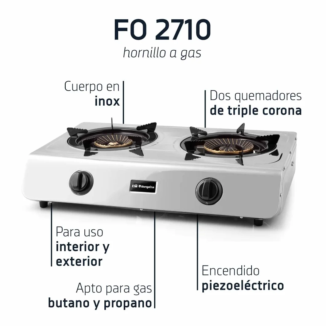 Hornillo gas butano o propano, cuerpo INOX, 2 quemadores de triple corona, encendido piezoeléctrico