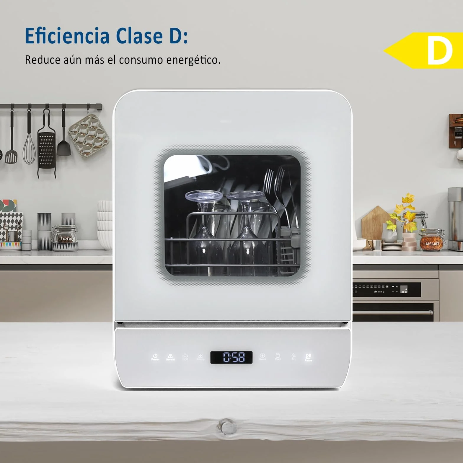 YU YUSING Lavavajillas de Encimera 45 cm 4.8 L con 7 Programas 5 Juegos, Mini Lavavajillas Pequeño con 2 Suministro Agua, Portátil, Control Táctil, Pantalla LED para Casa Oficina Camping, Blanco
