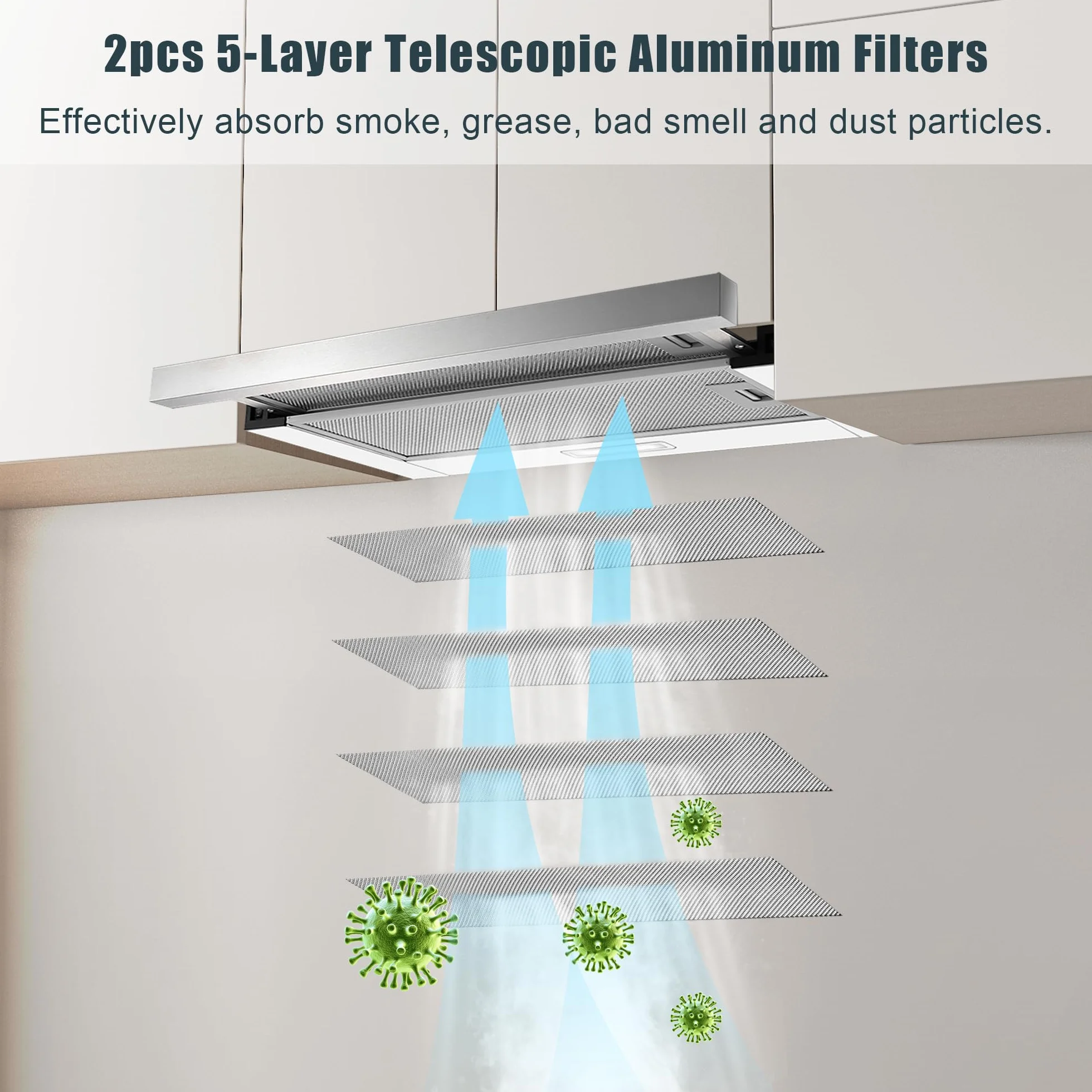 Campana Extractora 60 cm Telescópica, 400 m³/h Flujo de Aire, Superficie de Acero Inoxidable, Iluminación LED, Interruptor Basculante, Campanas Extractoras Silenciosas para Cocina