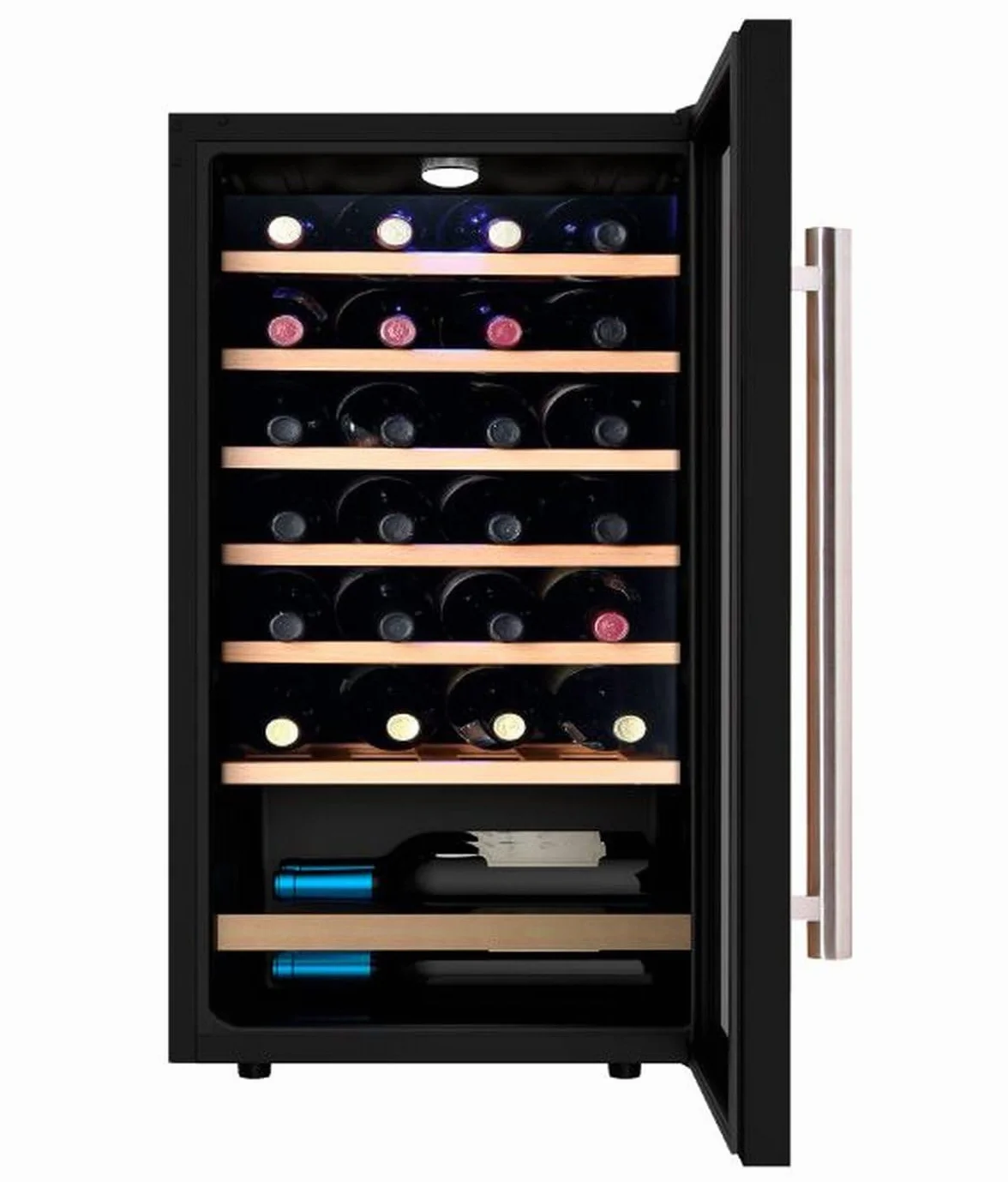 INFINITON Vinoteca WFL-34C, 34 Botellas, Luz LED en el interior, Sistema de enfriamiento No frost, Acabado exterior Crystal BLACK, Tirador exterior de acero inoxidable, G