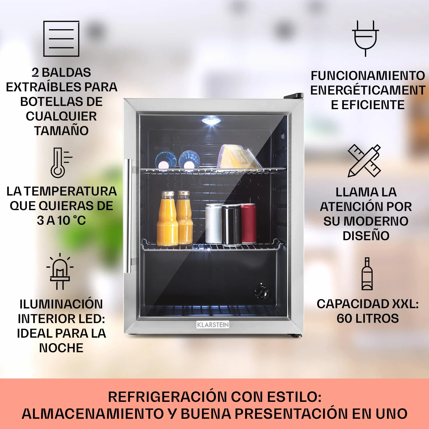 KLARSTEIN Nevera Pequeña Puerta Cristal Habitaciones, Nevera Portatil Electrica, Mini Nevera Pequeña para Bebidas, Frigorificos Pequeños 60L, Mini Frigorifico con Estantes, Neveras Pequeñas