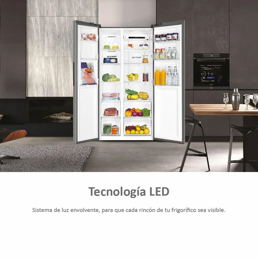 Haier SBS 90 Series 3 HSR3918ENPG - Frigorífico Side by Side, Americano, Apertura 90 grados, Tecnología Antibacterias, Capacidad XXL 528 L, Total No Frost, Clase E, Inox, Gris, 177,5 x 90,8 x 64,7 cm