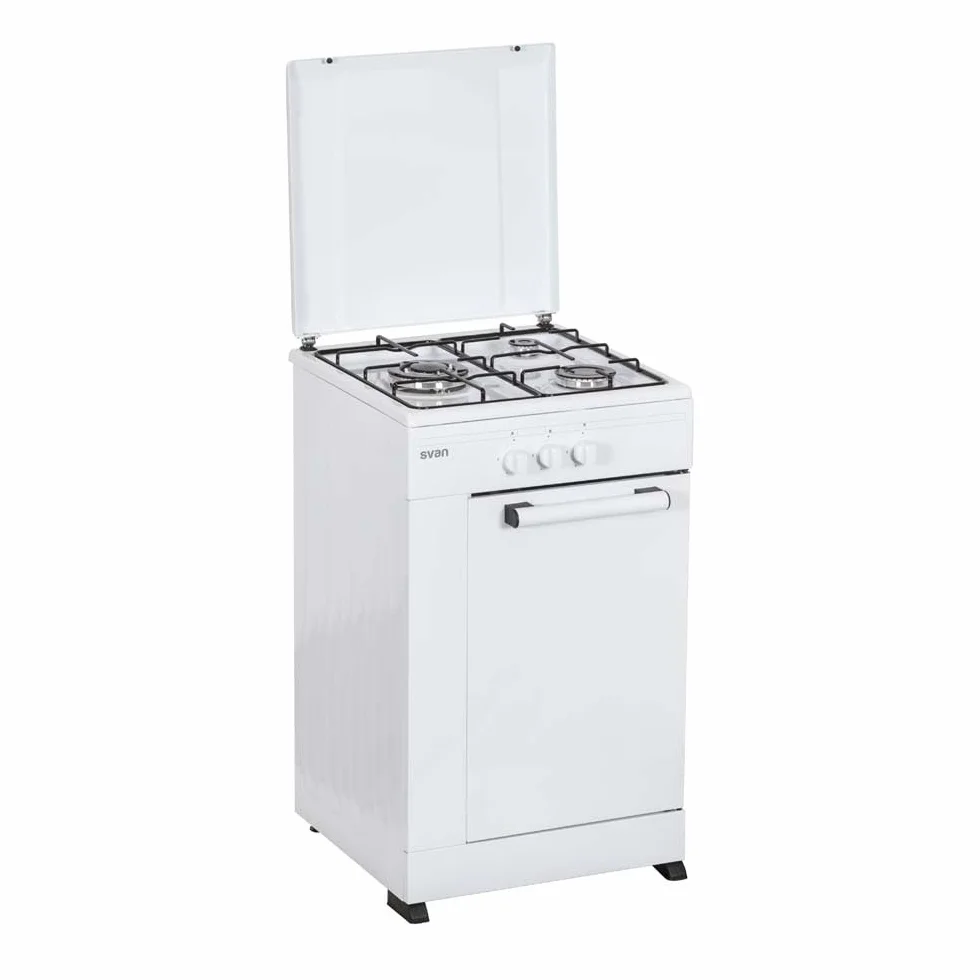Svan Cocina de Gas Butano Blanco SKG3500PB. 3 Zonas de Cocinado, Quemador WOK triple llama, Compartimento Bombona, Kit Conversión Gas Natural, Acabado en Esmalte Blanco