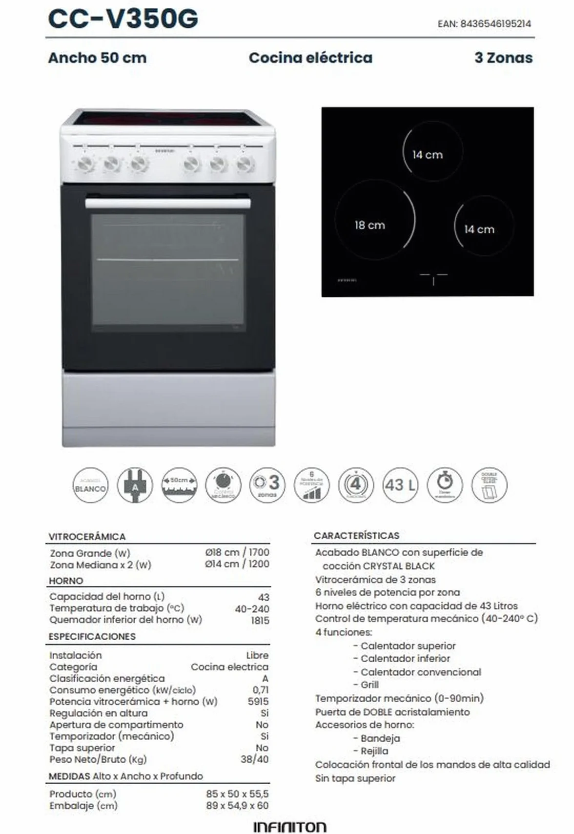 COCINA ELECTRICA CON HORNO CC-V350G INFINITON (Vitroceramica 3 Zonas + Horno Electrico, Ancho 50CM)