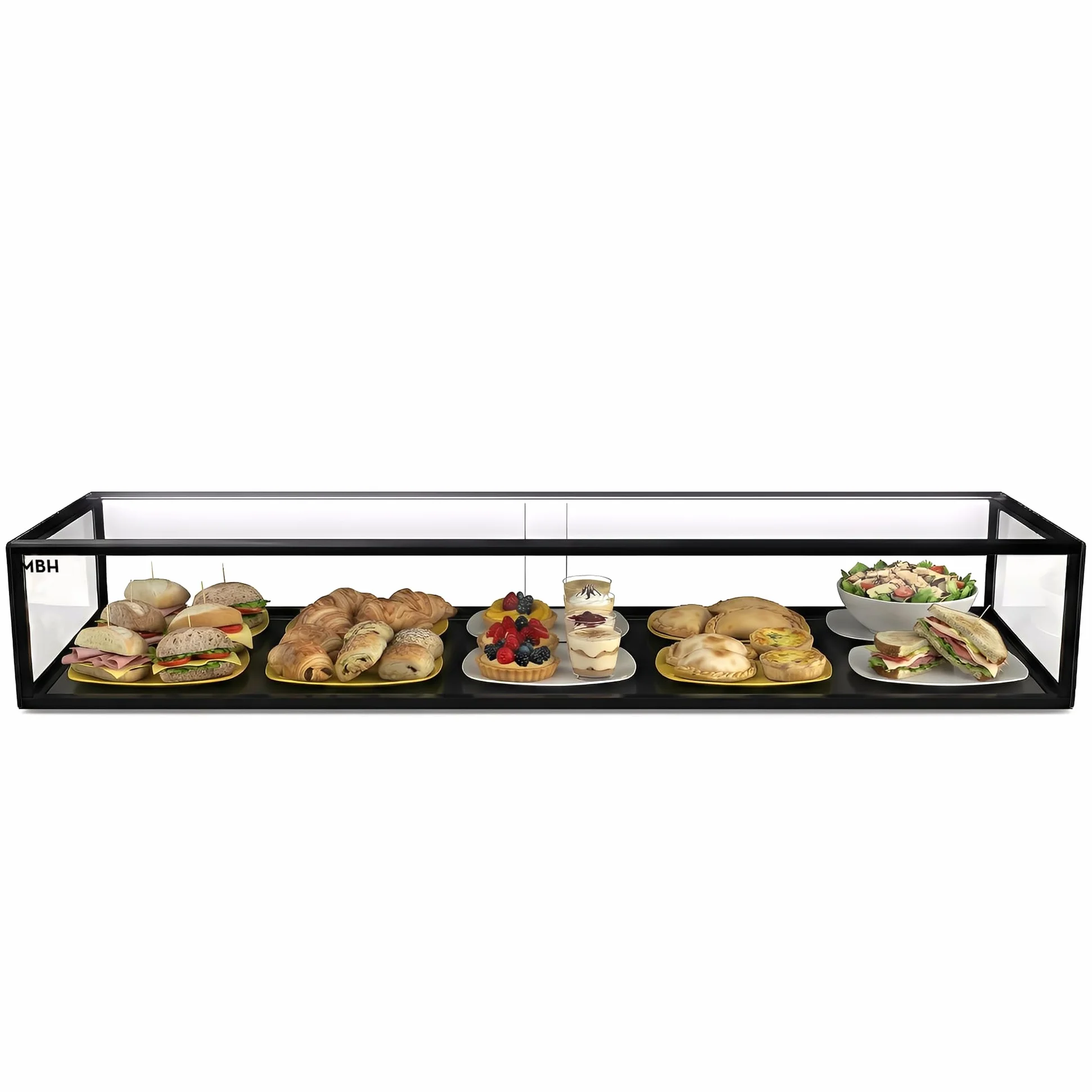 MBH - Vitrina Expositora Neutra de Sobremostrador 120x33 cm, Cristal Recto Templado, 1 Piso, con Iluminación LED, Puertas Traseras Correderas, para Bar, Cafetería, Restaurante, Bollería y Repostería.