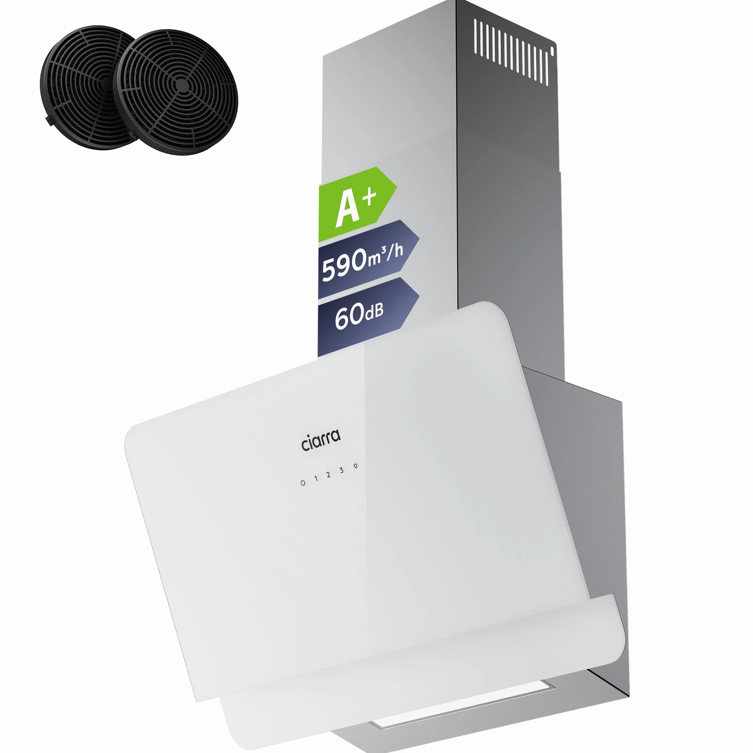 Ciarra CBCS6765C Clase A+ Campana Extractora 60 cm 580 m³/h Blanco | 3 Velocidades - Modo Reciclaje o Evacuación - Filtro de Carbón CBCF055 Incluido - Control Táctil - Panel de Cristal